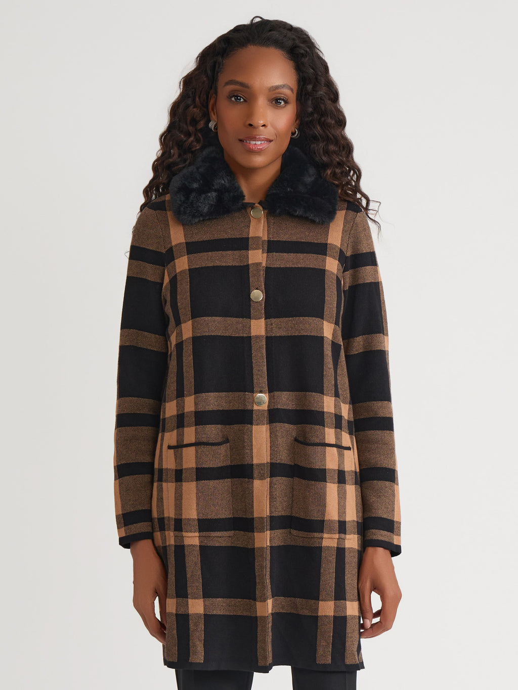 Fur Collared Coatigan in Black/Dark Camel | Kasper