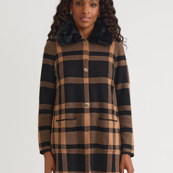 Fur Collared Coatigan in Black/Dark Camel | Kasper