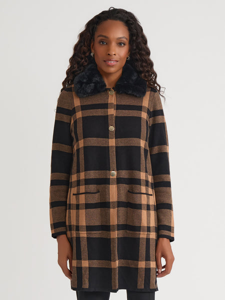 Fur Collared Coatigan in Black/Dark Camel | Kasper