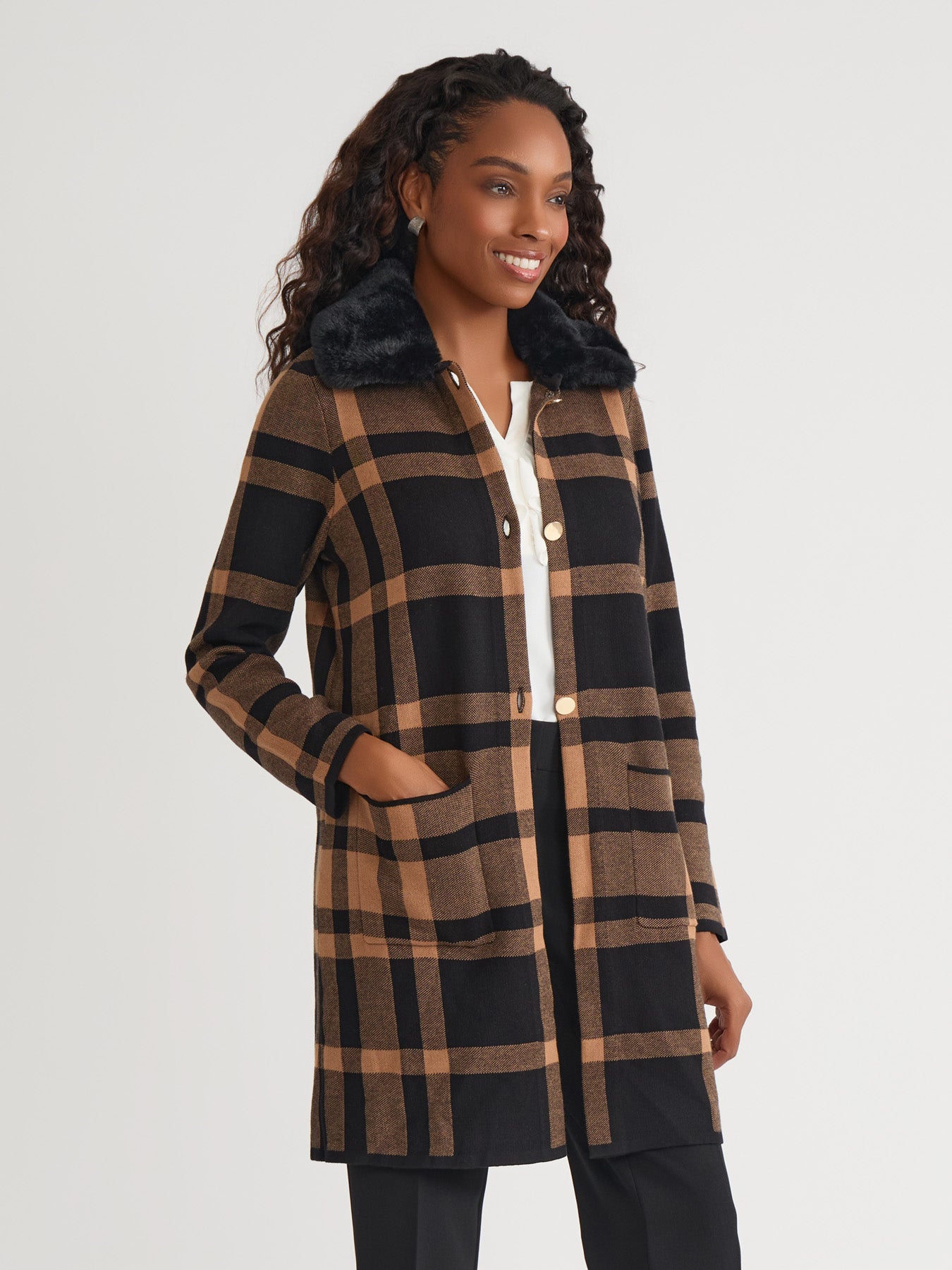 Fur Collared Coatigan in Black/Dark Camel | Kasper