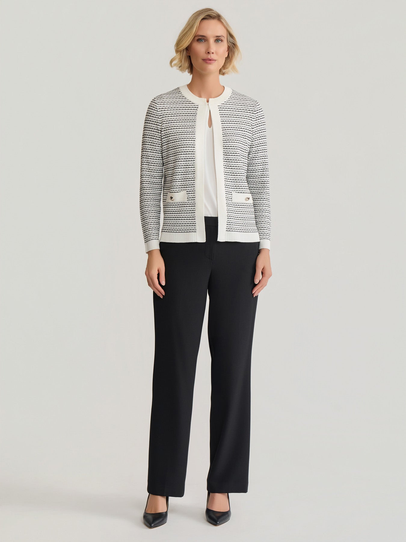 Multi-Stitch Kissing Front Cardigan in Vanilla Ice/Black | Kasper