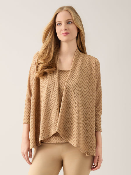 Hi-Lo Burnout Herringbone Cardigan, Crepe in Hazelwood | Kasper
