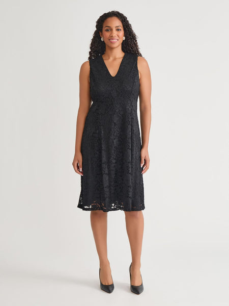 V-Neck Fit-and-Flare Dress, Black