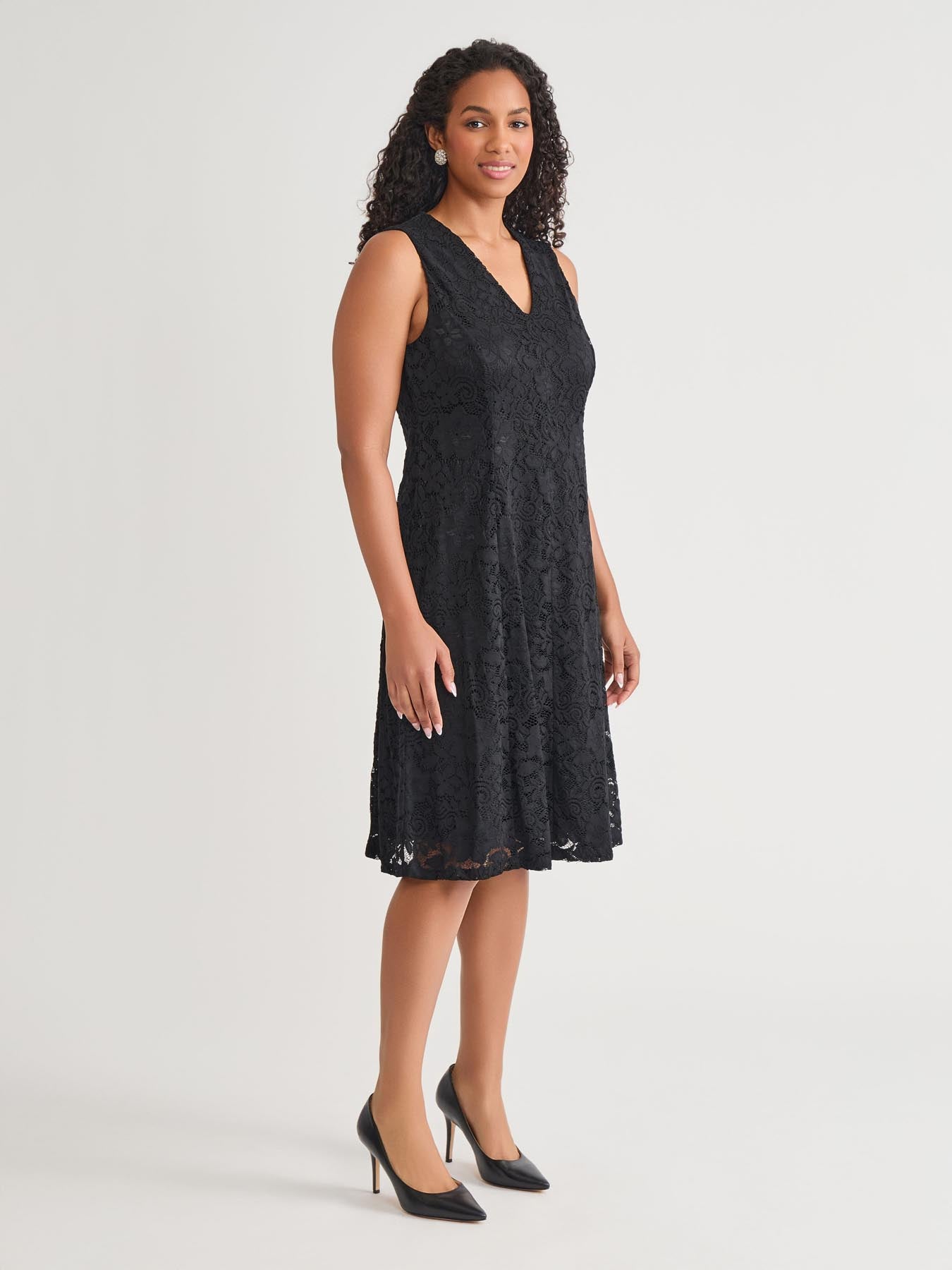 slim fit dress slacks V-Neck Fit-and-Flare Dress, Black in Black