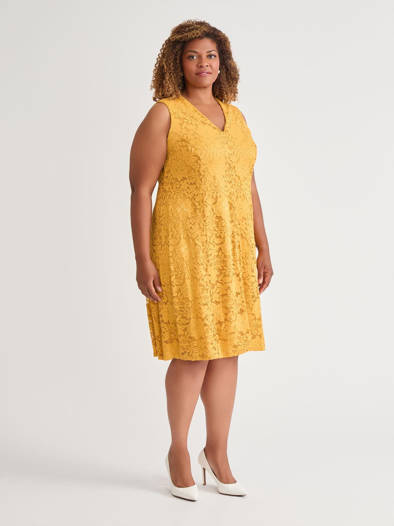 V-Neck Fit-and-Flare Dress, Gold Signature in Gold Signature | Kasper V-Neck Fit-and-Flare Dress, Gold Signature in Gold Signature | Kasper