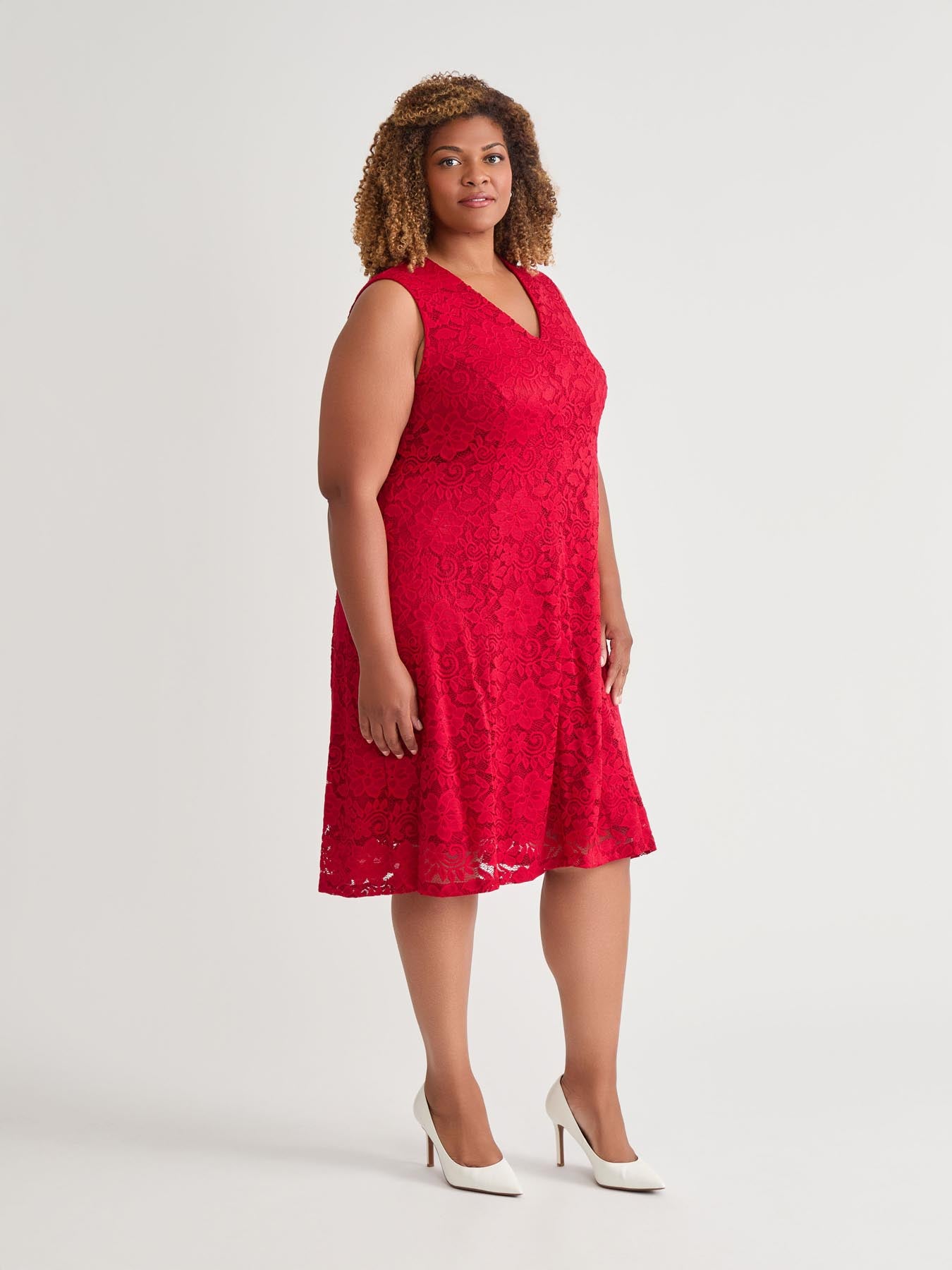 V-Neck Fit-And-Flare Dress, Crimson