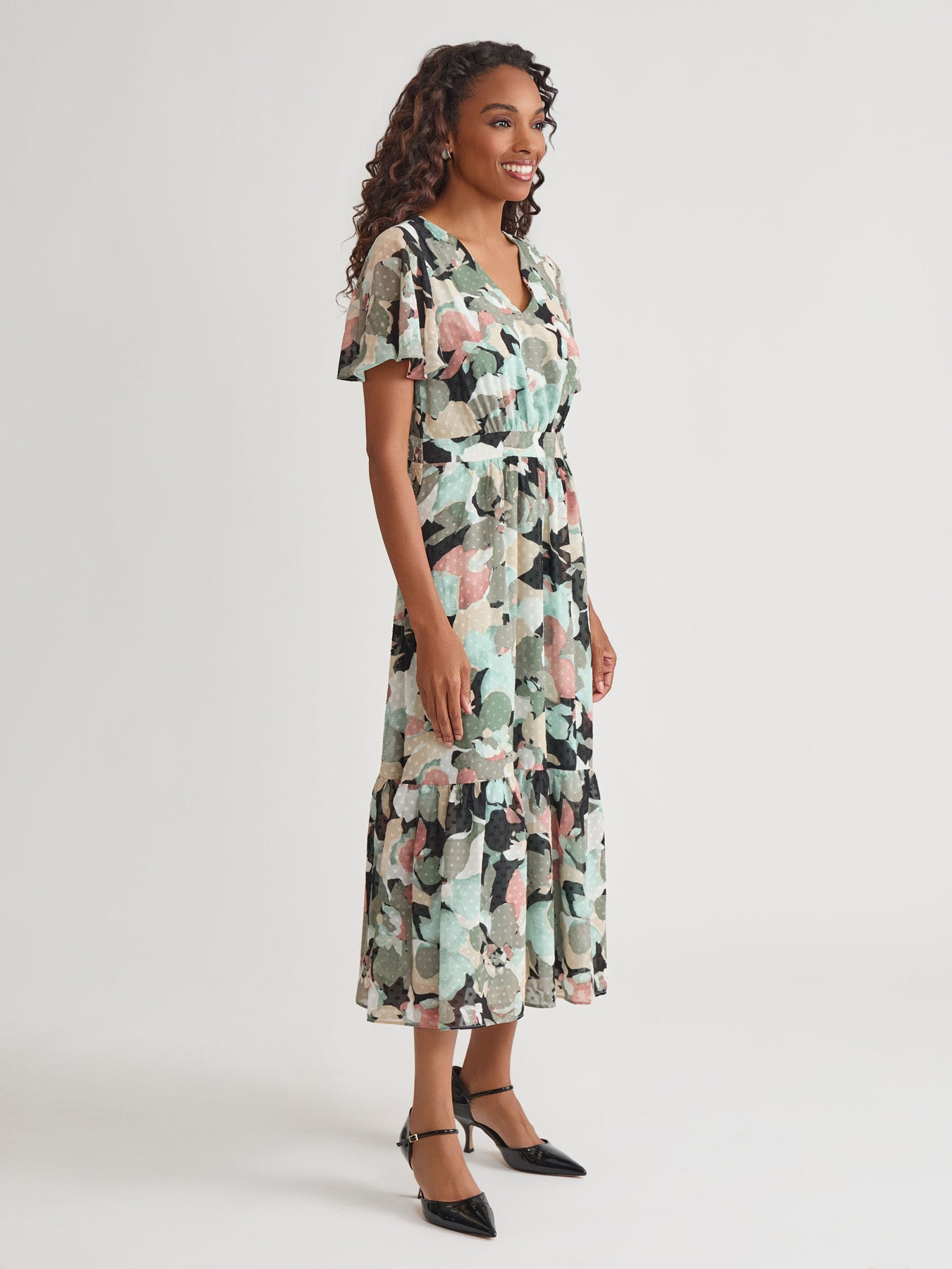 Plus V-Neck Tiered Dress, Clip Dot Chiffon in Black Multi | Kasper Plus V-Neck Tiered Dress, Clip Dot Chiffon in Black Multi | Kasper