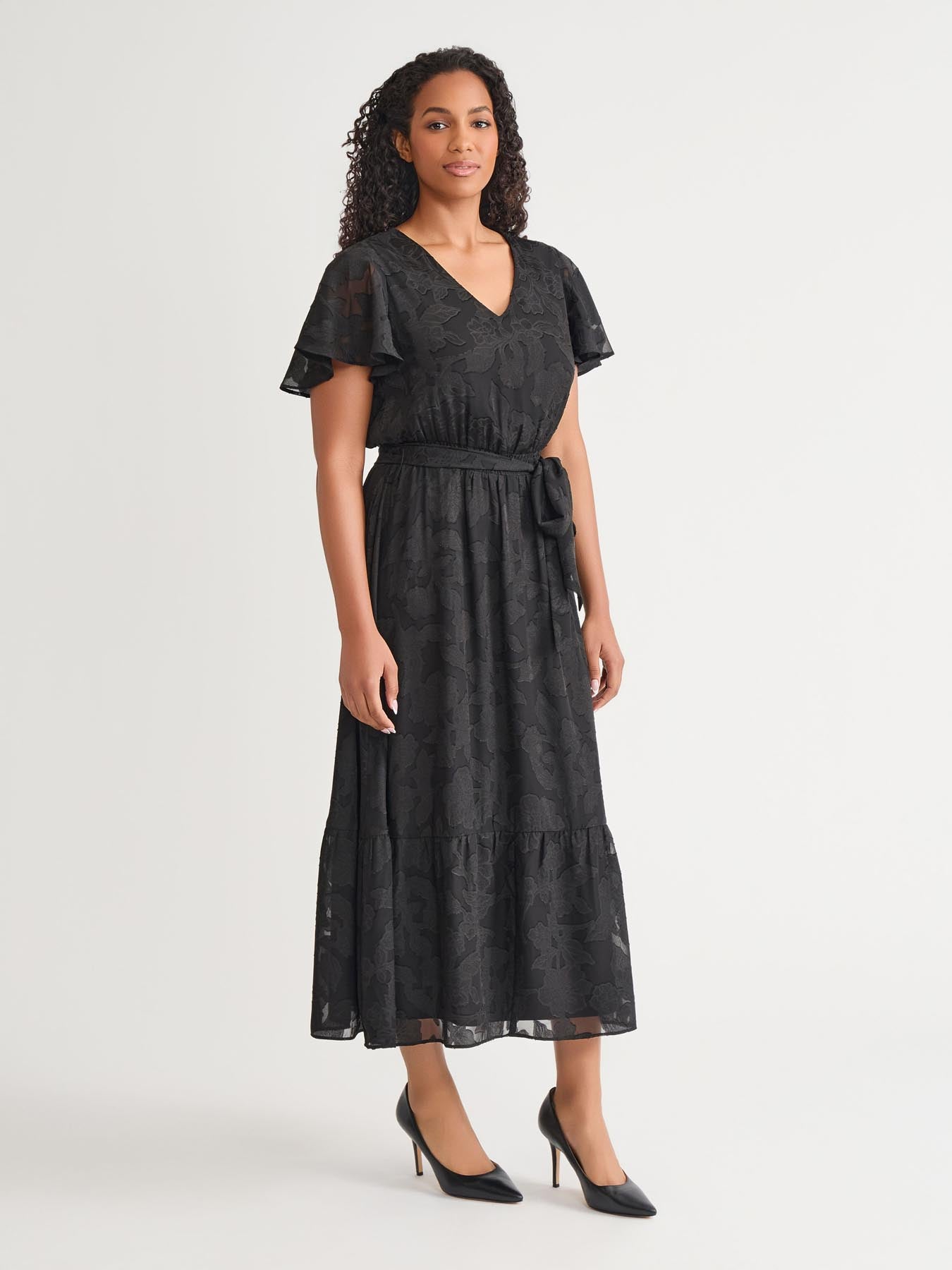 Kasper Flutter-Sleeve Smock-Waist Dress, Regular & Plus - Blk - Size M Kasper Flutter-Sleeve Smock-Waist Dress, Regular & Plus - Blk - Size M