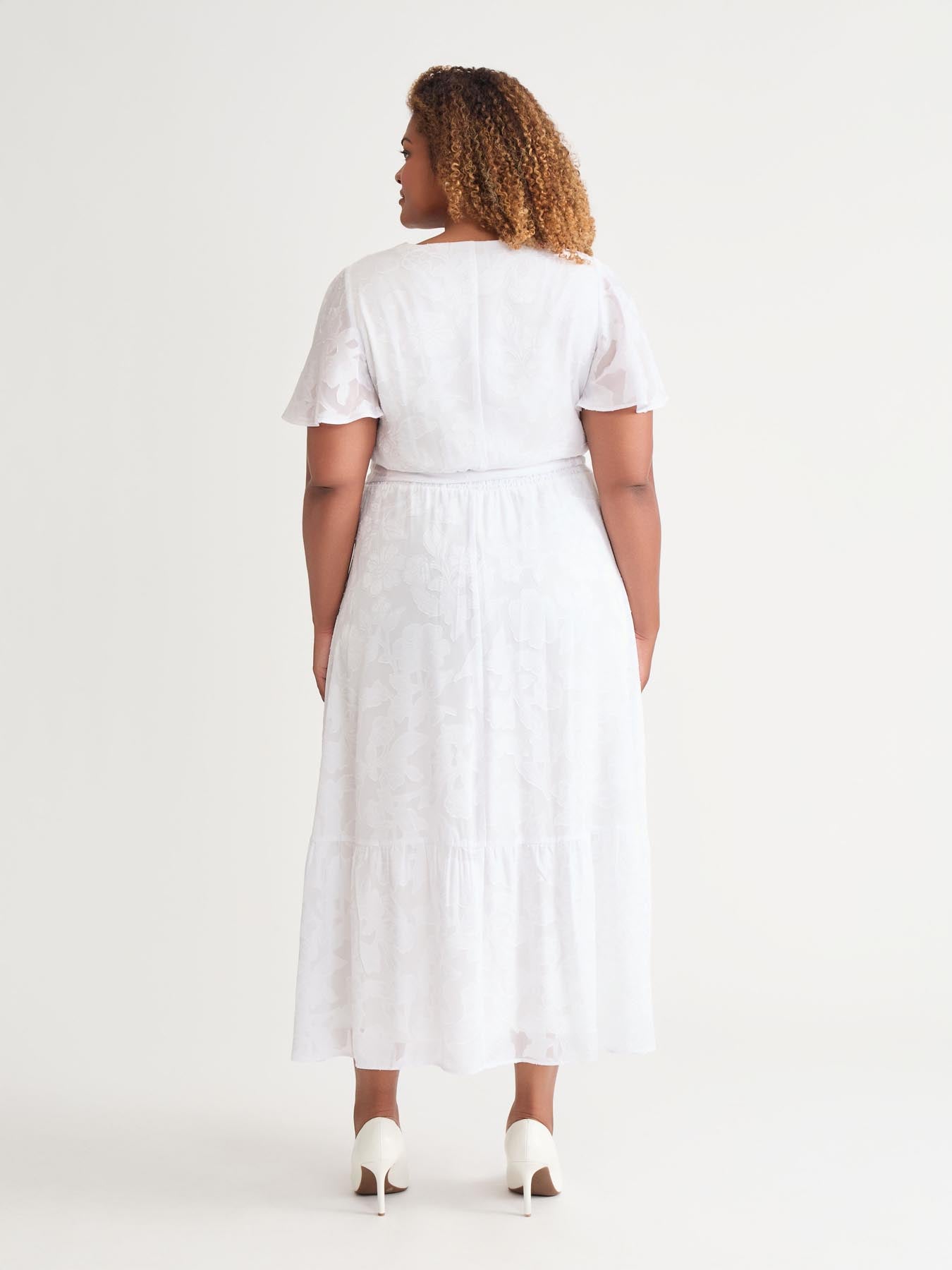 Flutter Sleeve Smocked Waist Dress, White in White