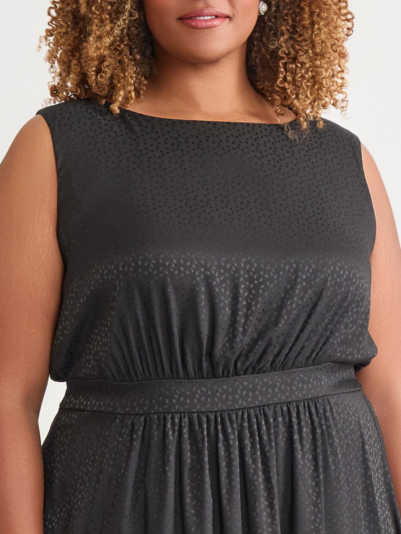Plus Sleeveless Boat Neck Tiered Dress, Black in Black | Kasper Plus Sleeveless Boat Neck Tiered Dress, Black in Black | Kasper