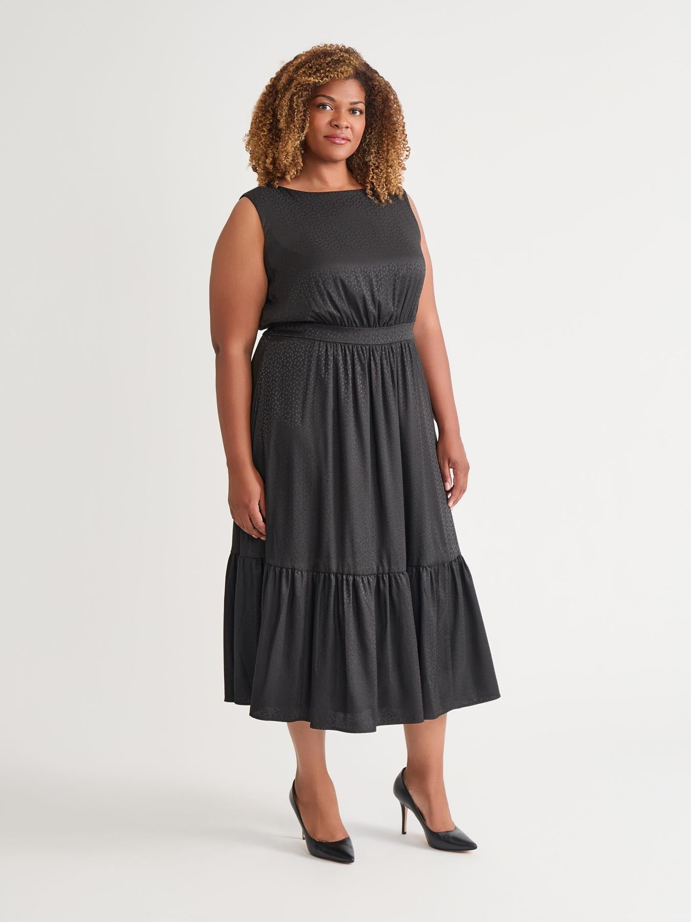 white christmas dresses Plus Size Sleeveless Chiffon Dress With Cascading Details In Black-Black /  Plus Size / 26 main image 0