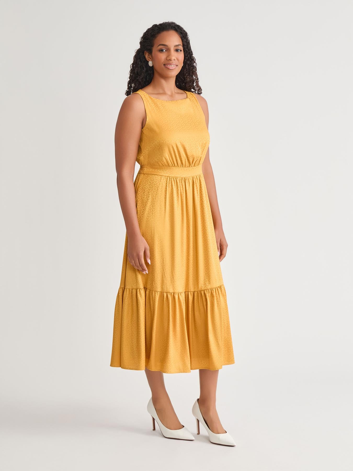 V-Neck Fit-and-Flare Dress, Gold Signature in Gold Signature
