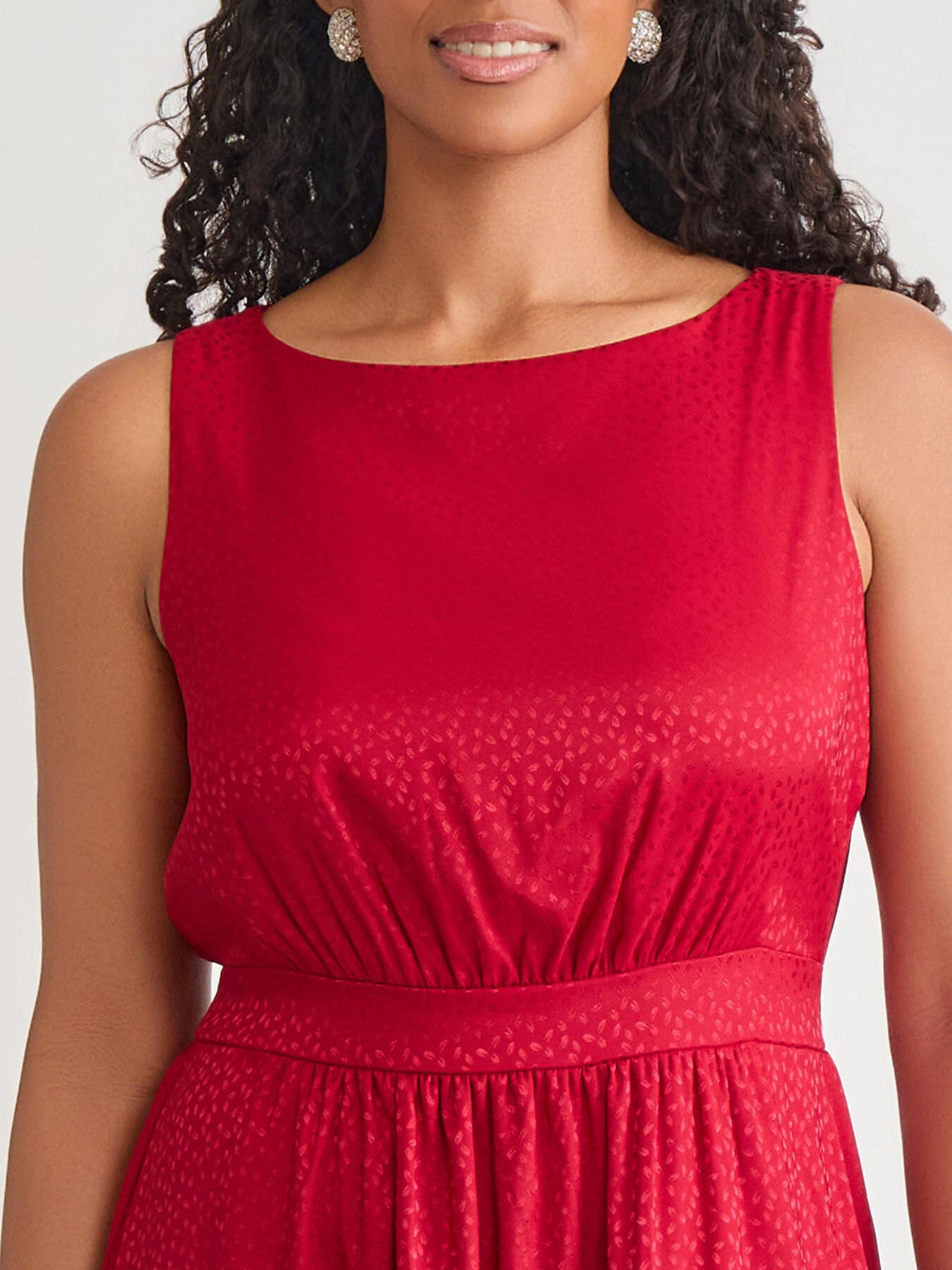 Sleeveless Boat Neck Tiered Dress, Crimson in Crimson