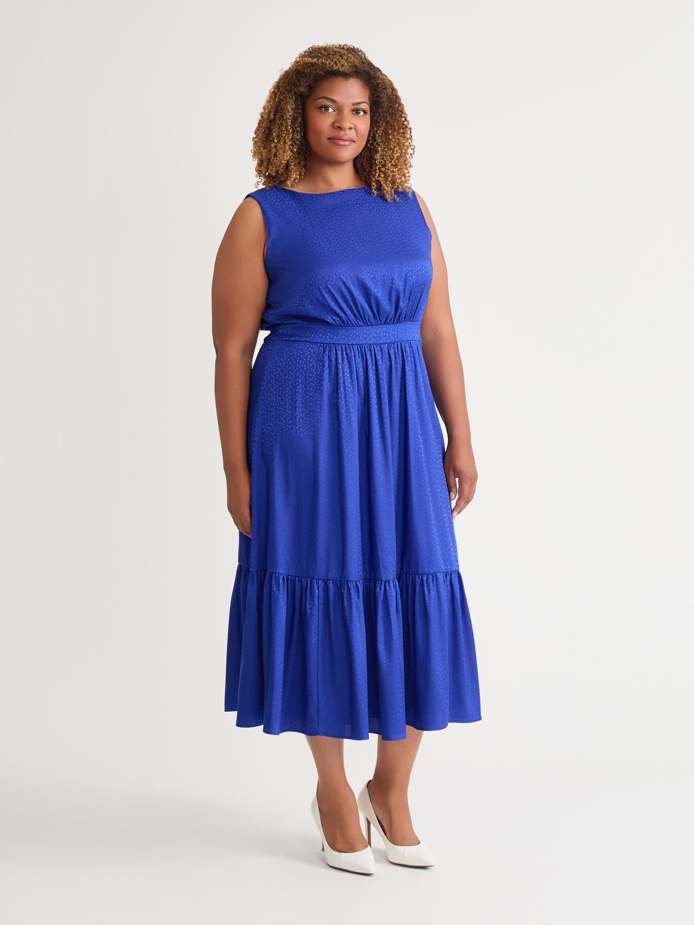 Sleeveless Boat Neck Tiered Dress, Royal Signature