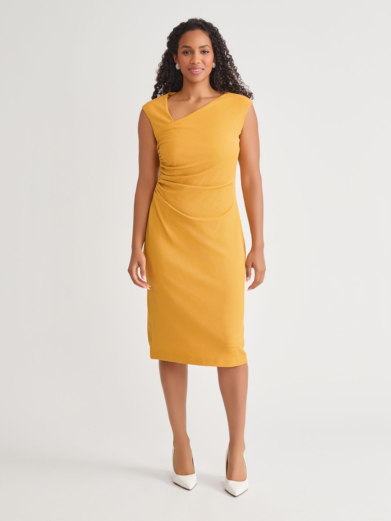 kasper Asymmetrical Neck Ruched Midi Dress Gold Signature | Clothing