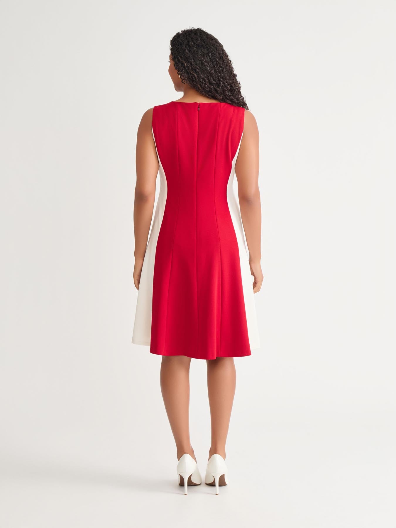 Sleeveless Multi Seam Fit-and-Flare Dress, Crimson/Cream in Crimson/Cr