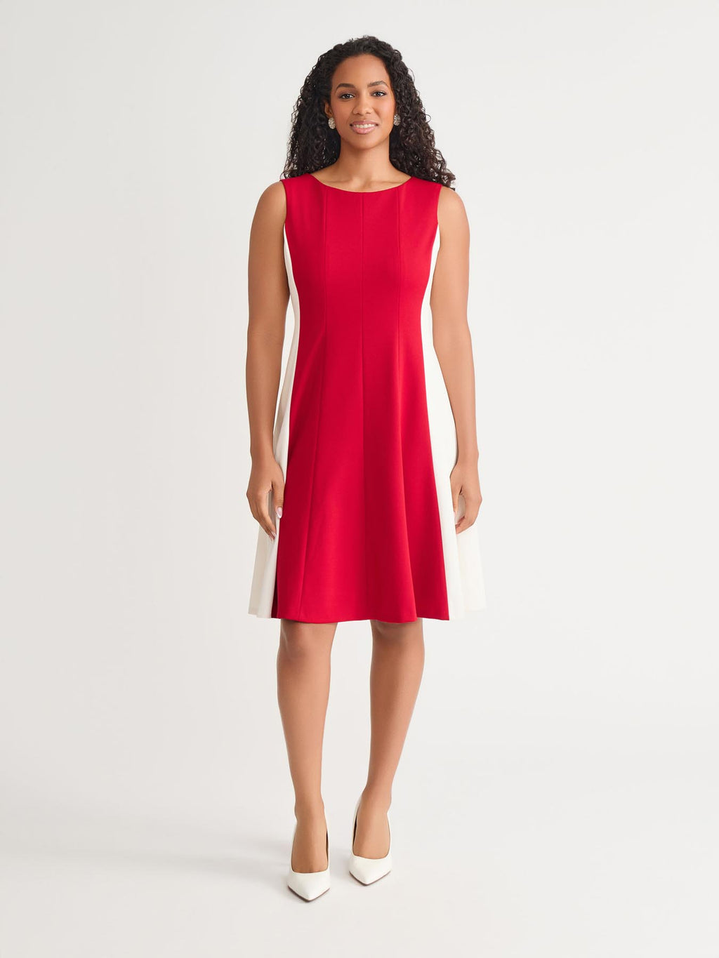 Sleeveless Multi Seam Fit-and-Flare Dress, Crimson/Cream in Crimson/Cr