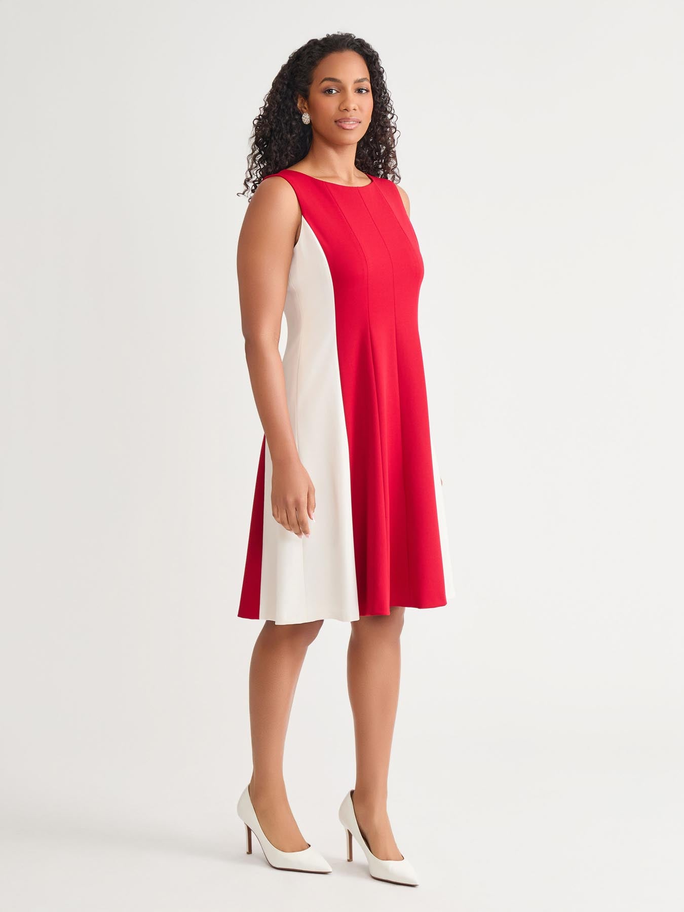 slim fit dress slacks Sleeveless Multi Seam Fit-and-Flare Dress, Crimson/Cream in Crimson/Cr