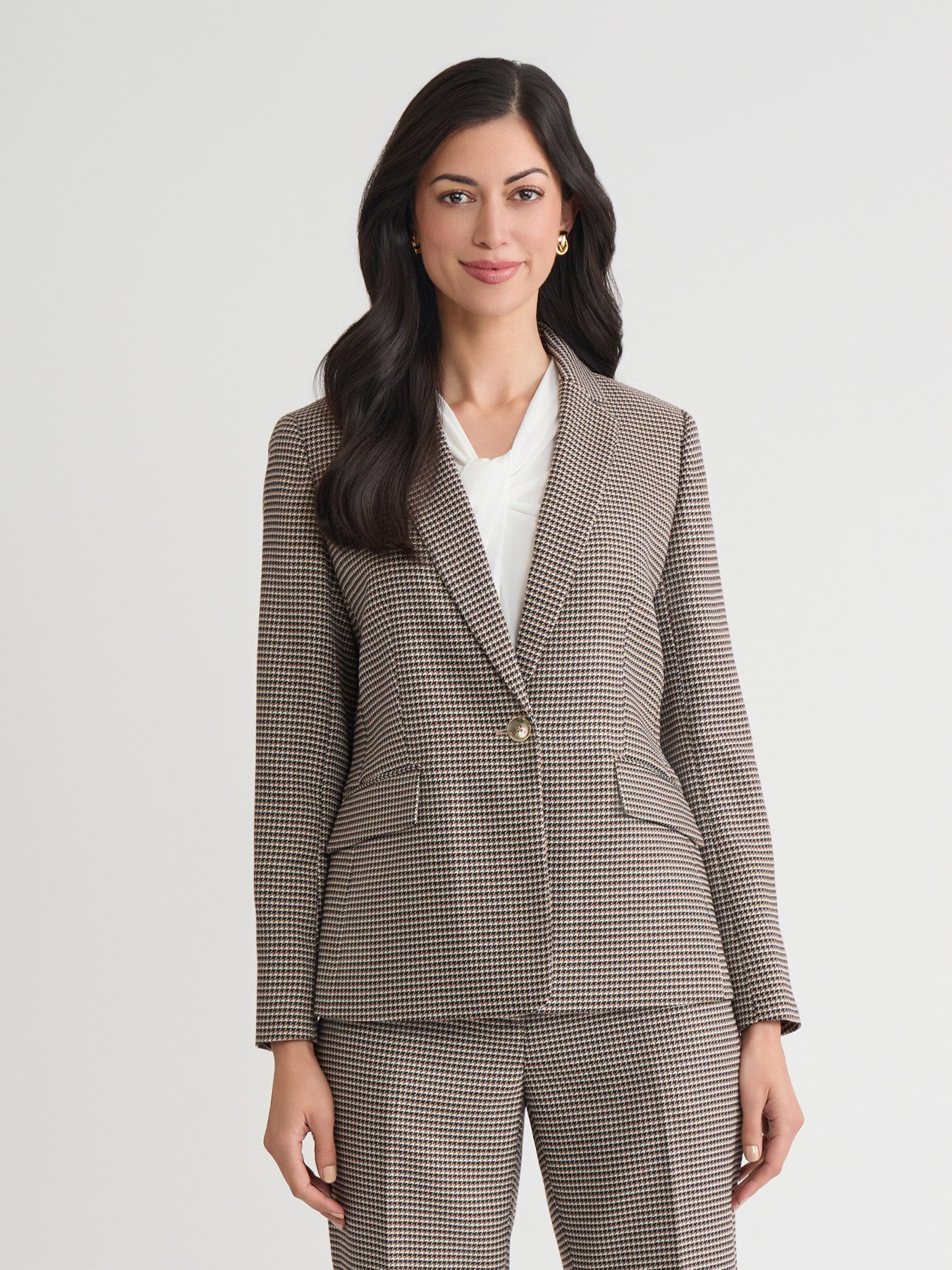 Petite One Button Jacket, Houndstooth in Black/Multi Plaid | Kasper