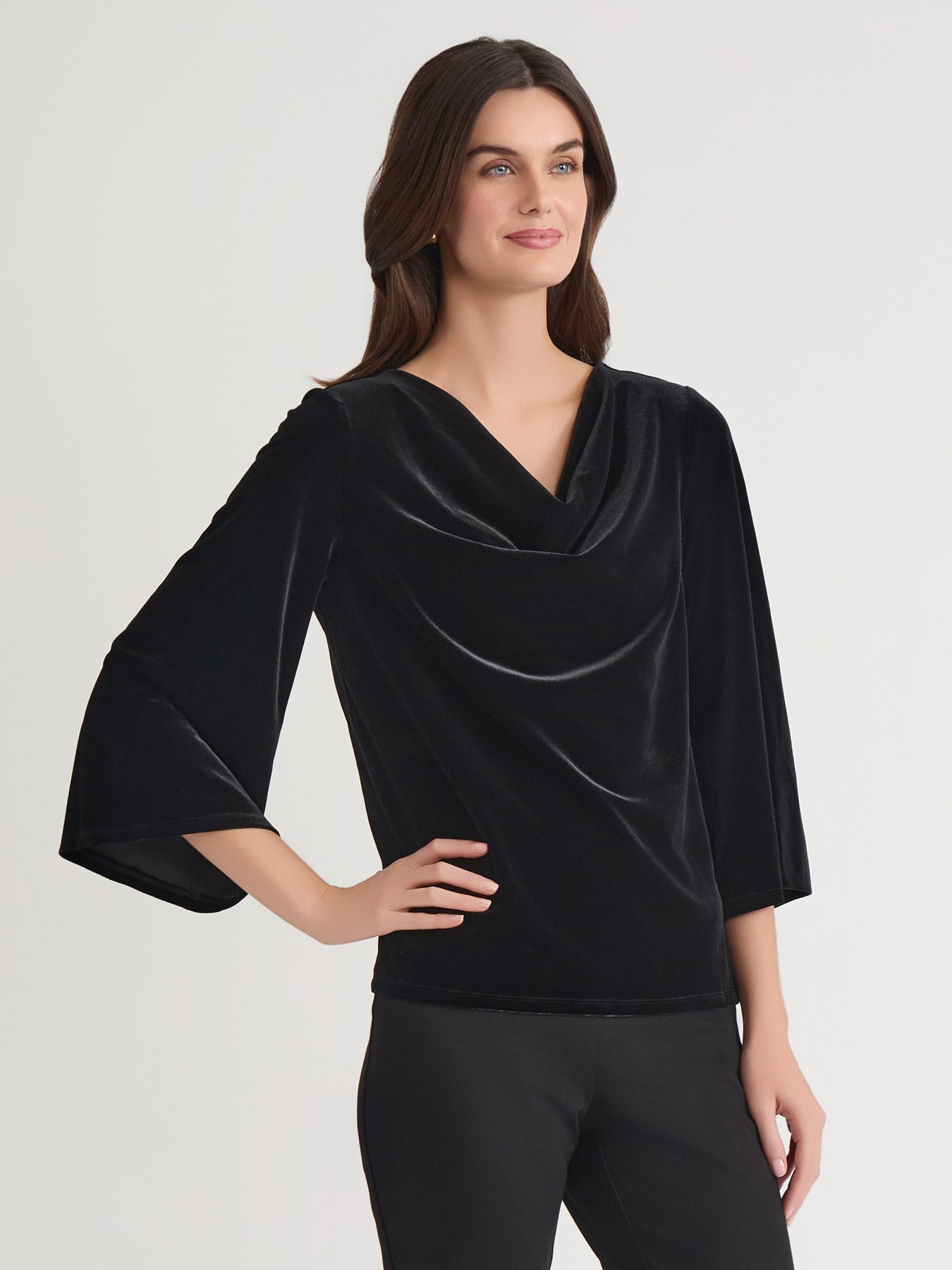 Cowl Neck Bell Sleeve Top, Velvet in Black | Kasper