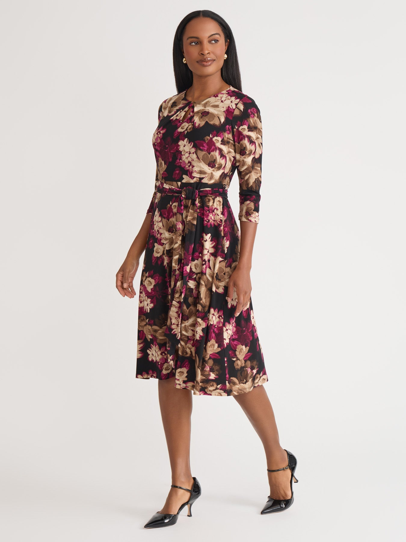 Petite Keyhole Tie Waist Flare Dress, Everyday Knit in Shiraz Multi |