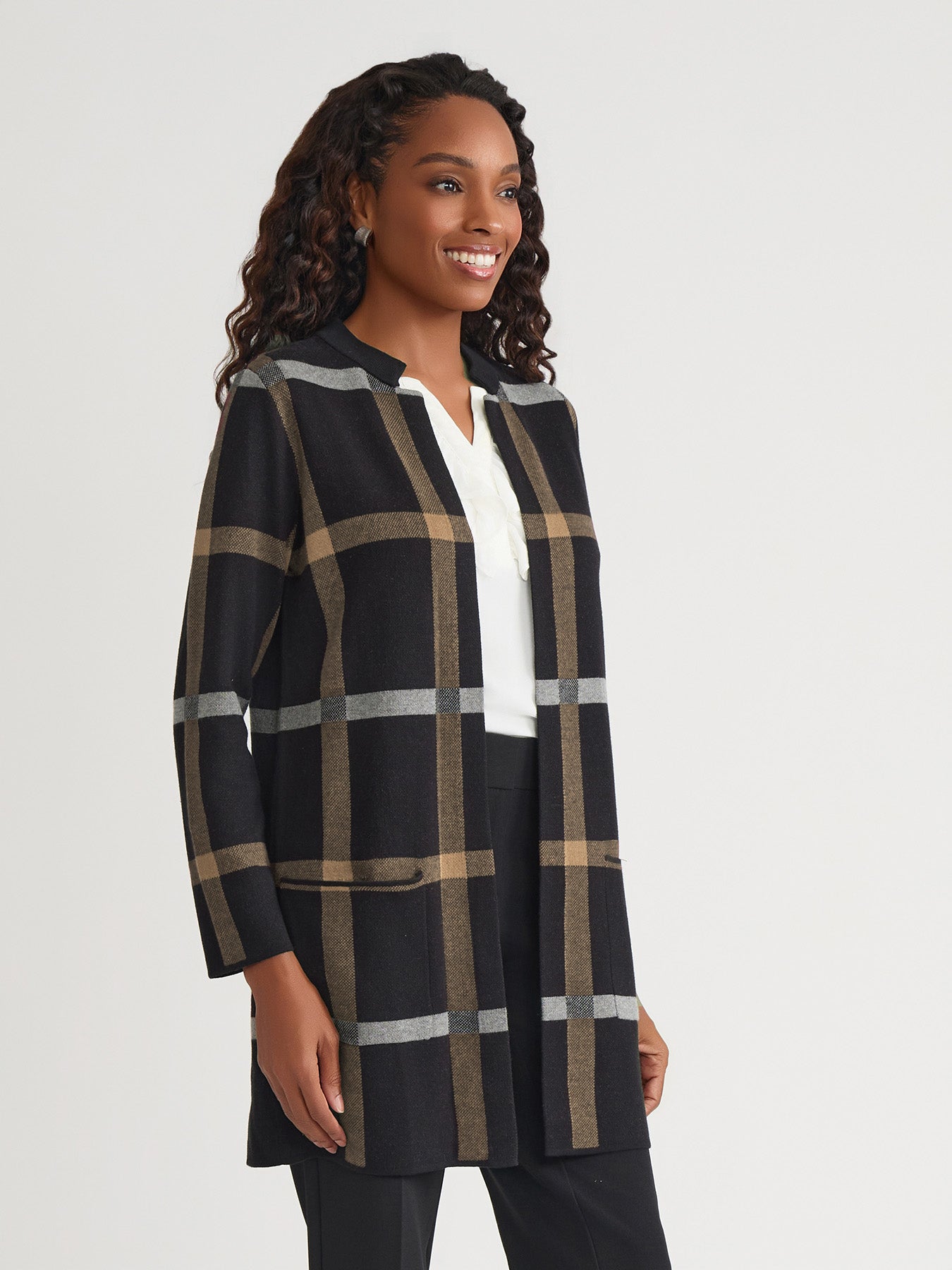 Notch Collar Coatigan in Black/Dark Camel | Kasper