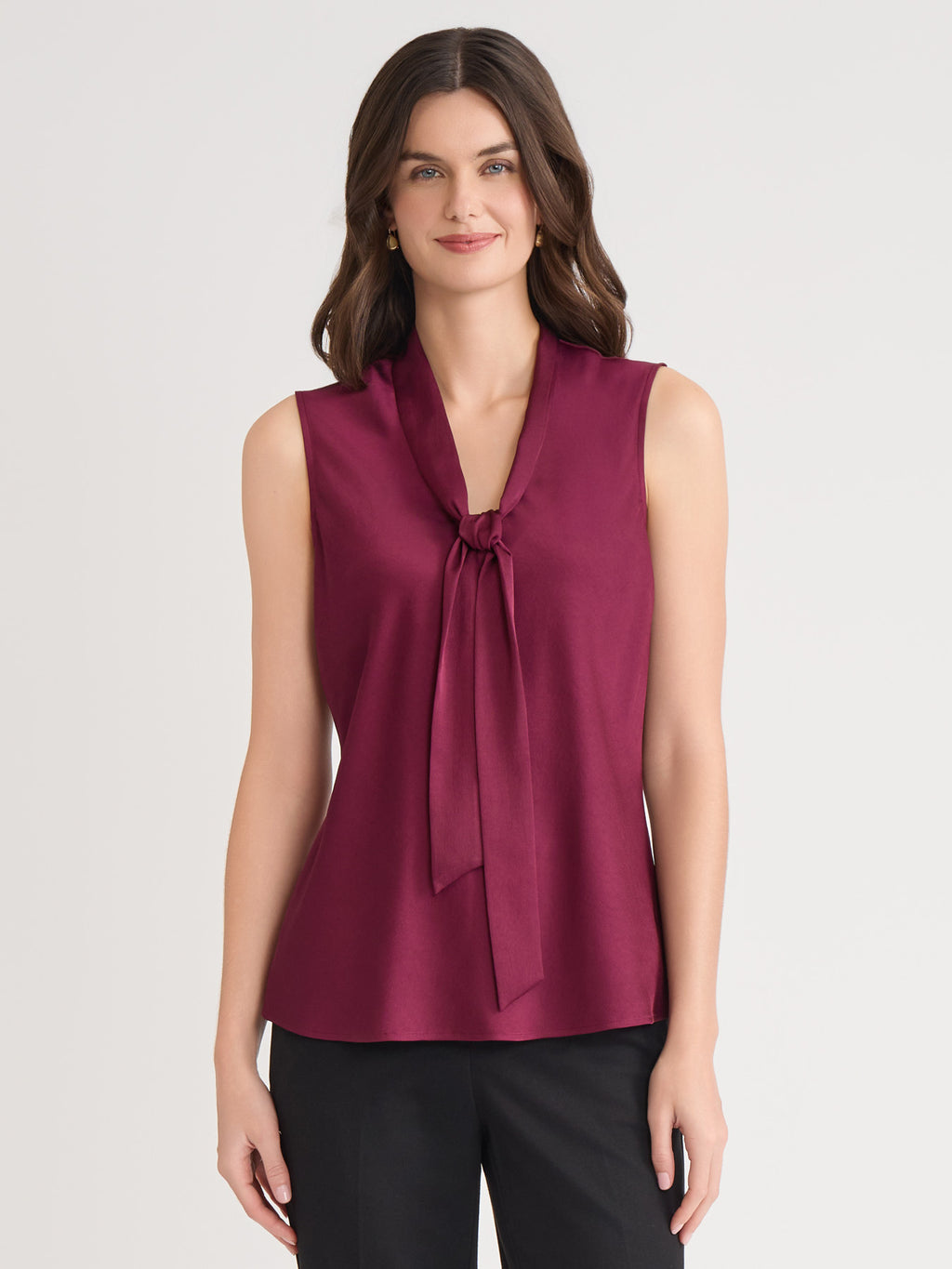 Plus Tie Neck Sleeveless Blouse, Classic Drape in Shiraz | Kasper