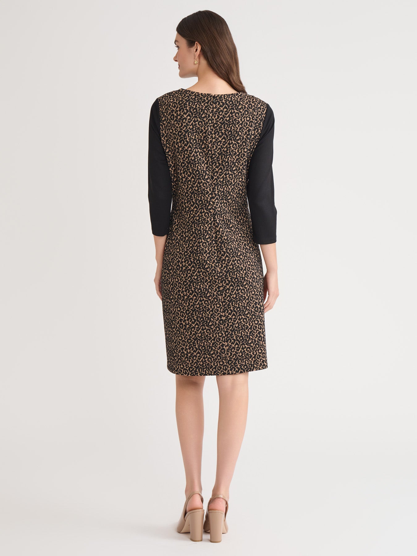 Leopard Shift Dress, Jacquard Knit in Dark Camel/Black