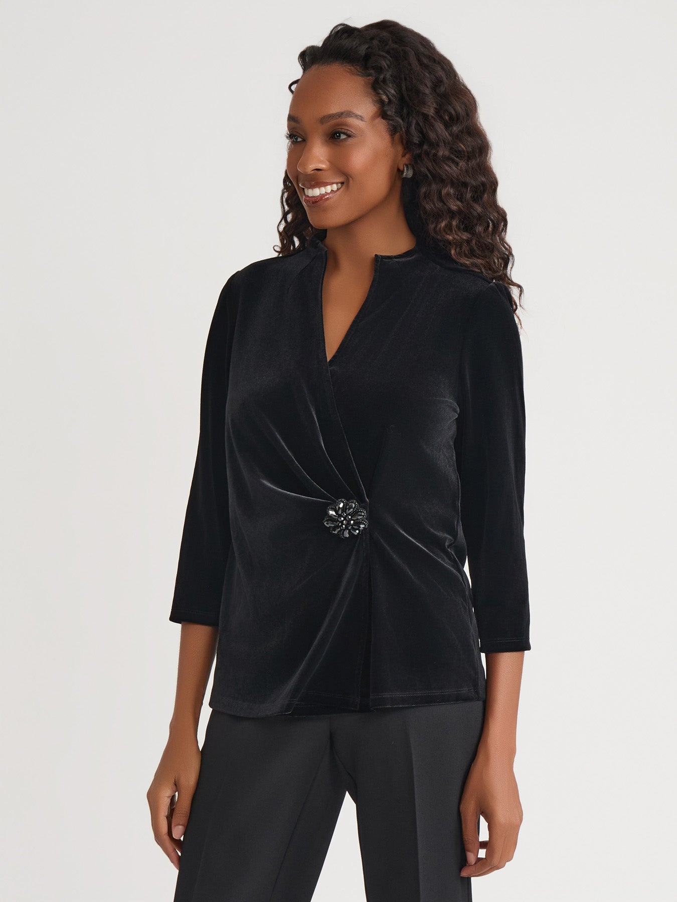 Plus High Neck Wrap Top, Velvet in Black | Kasper