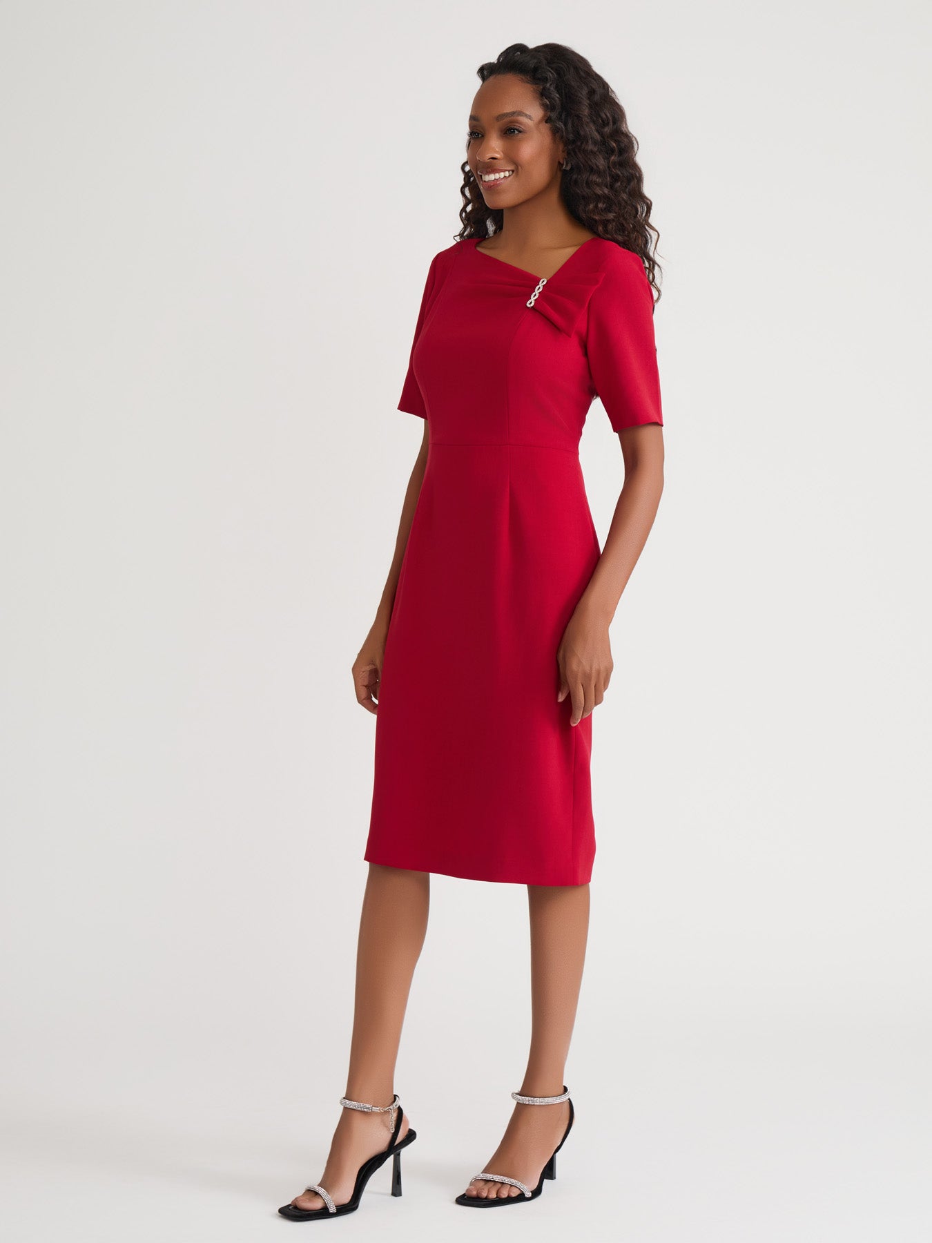 Plus Asymmetrical Neck Sheath Dress in Fire Red | Kasper