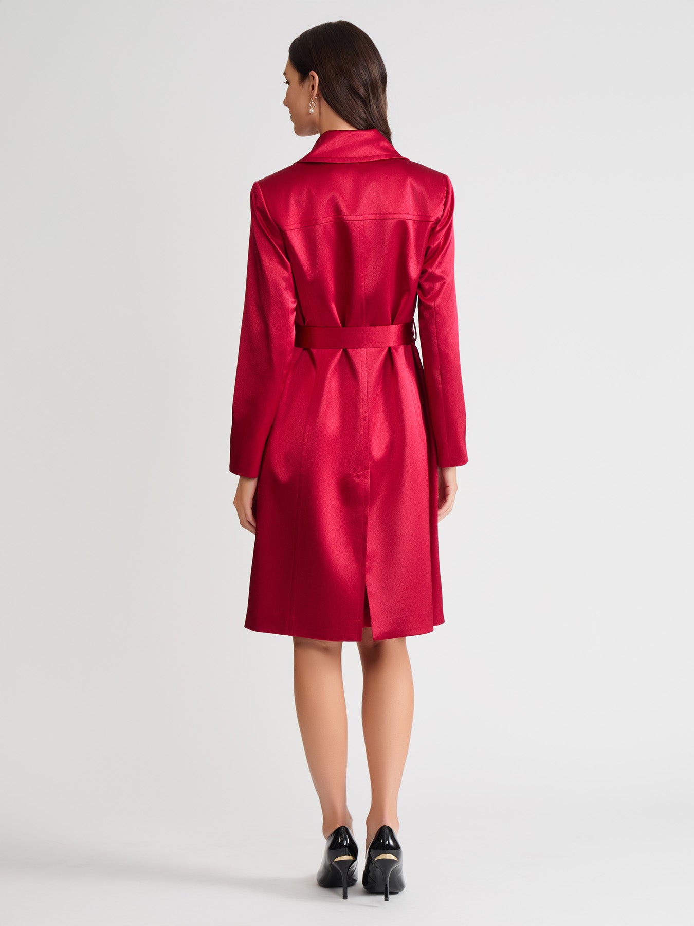 Plus Belted Trench Coat, Satin in Fire Red | Kasper