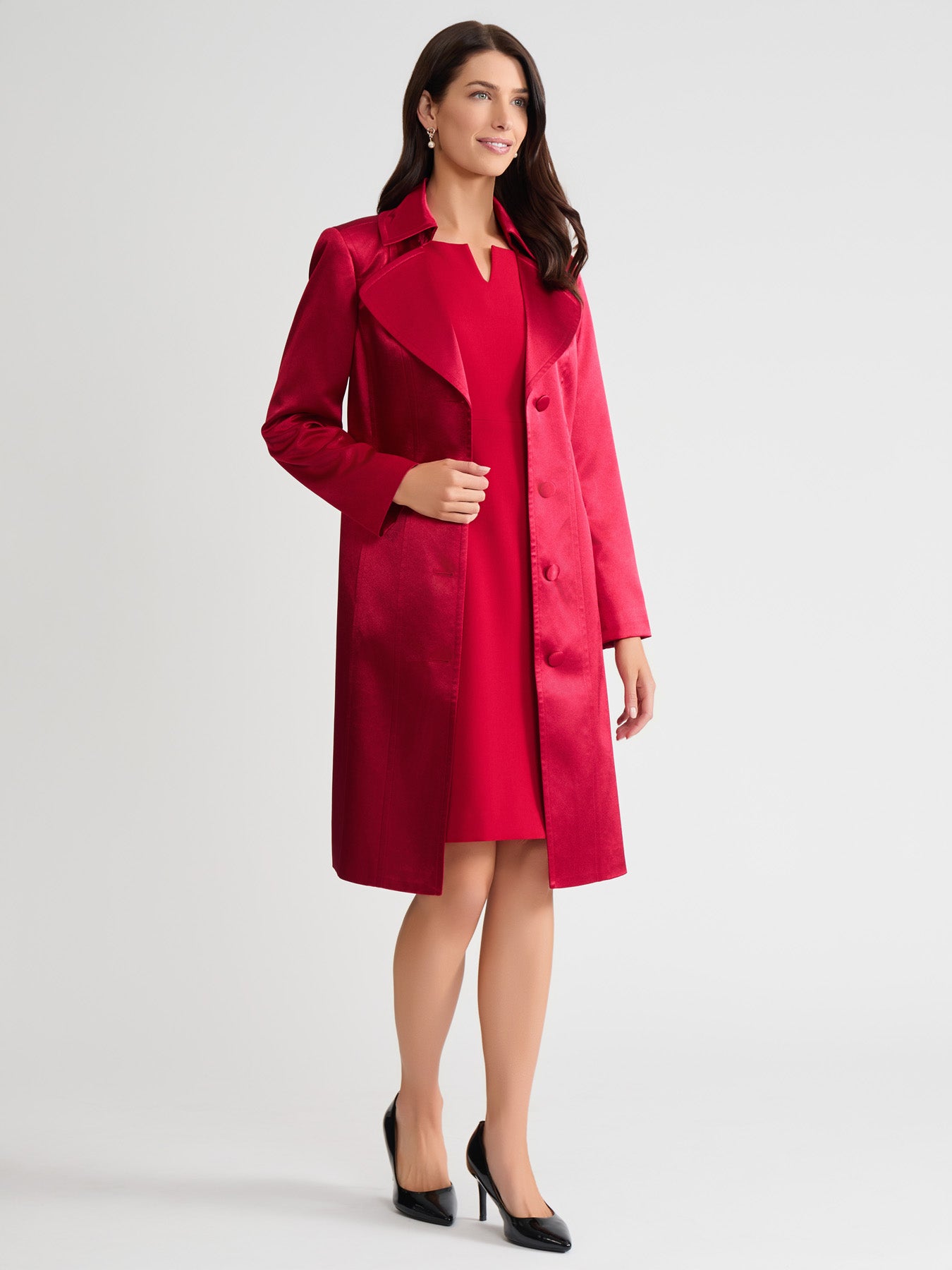 Plus Belted Trench Coat, Satin in Fire Red Plus Belted Trench Coat, Satin in Fire Red