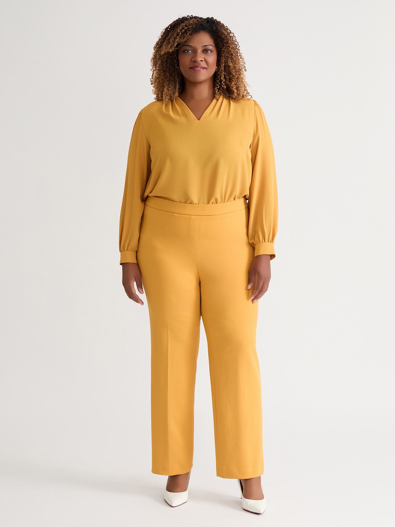 Plus Ruffle Sleeve V-Neck Blouse, Gold Signature in Gold Signature | K