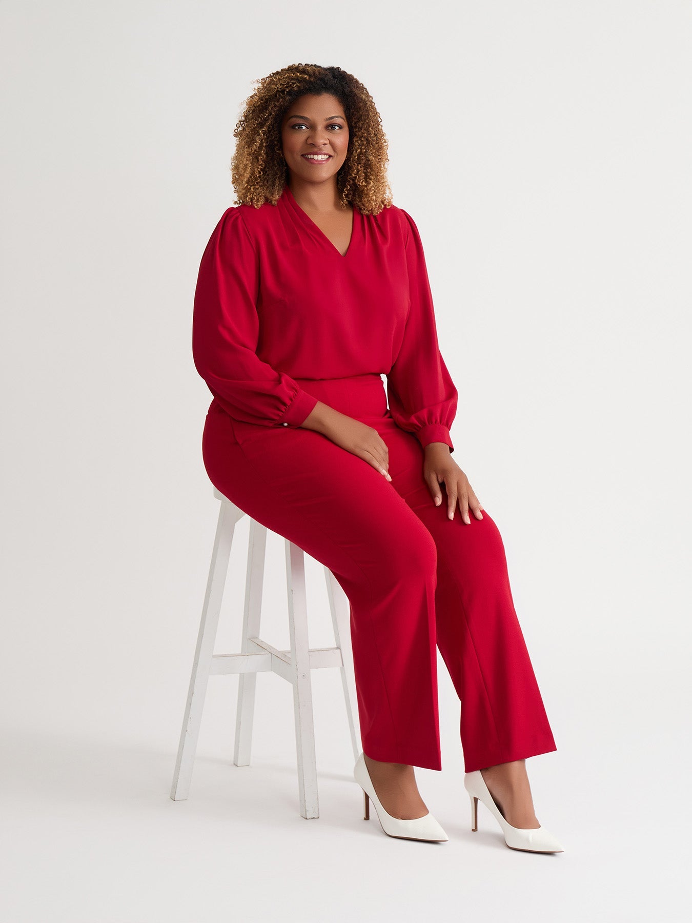 Plus Ruffle Sleeve V-Neck Blouse, Crimson in Crimson | Kasper