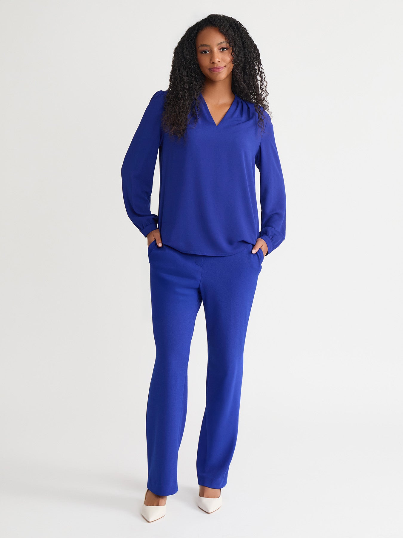 Ruffle Sleeve V-Neck Blouse, Royal Signature in Royal Signature | Kasp