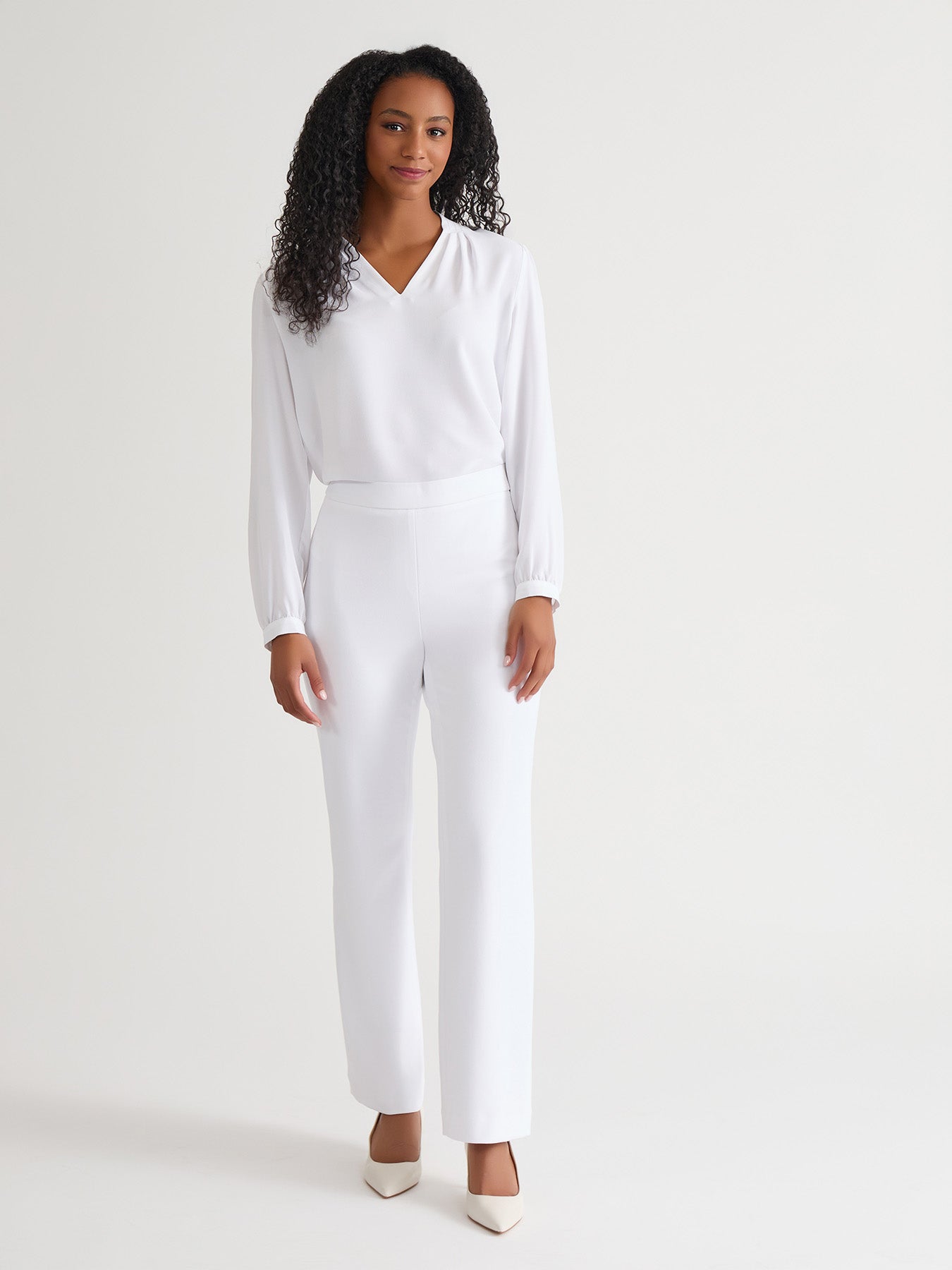 Plus Ruffle Sleeve V-Neck Blouse, White in White | Kasper