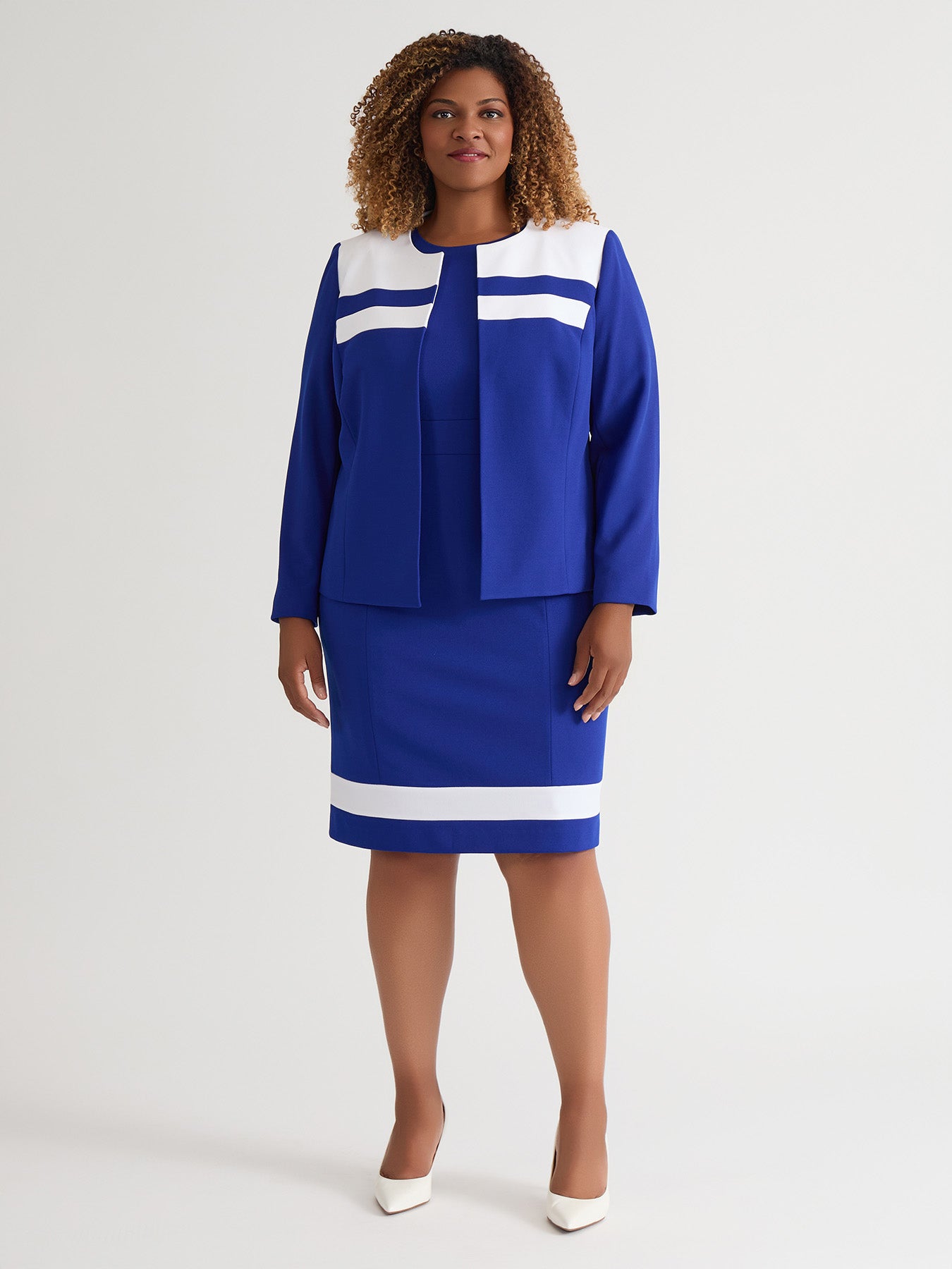 Contrast Paneling Open Front Cardigan, Royal Signature/White in Royal