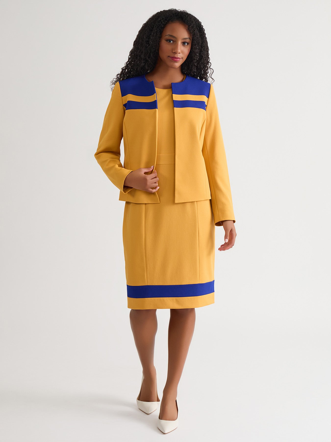 Contrast Paneling Open Front Cardigan, Gold Signature/Royal Signature