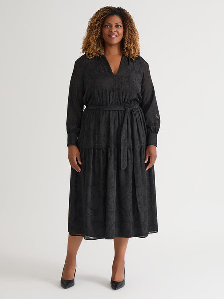 Kasper Women's Soft V-Neck Tiered Midi Dress - Black