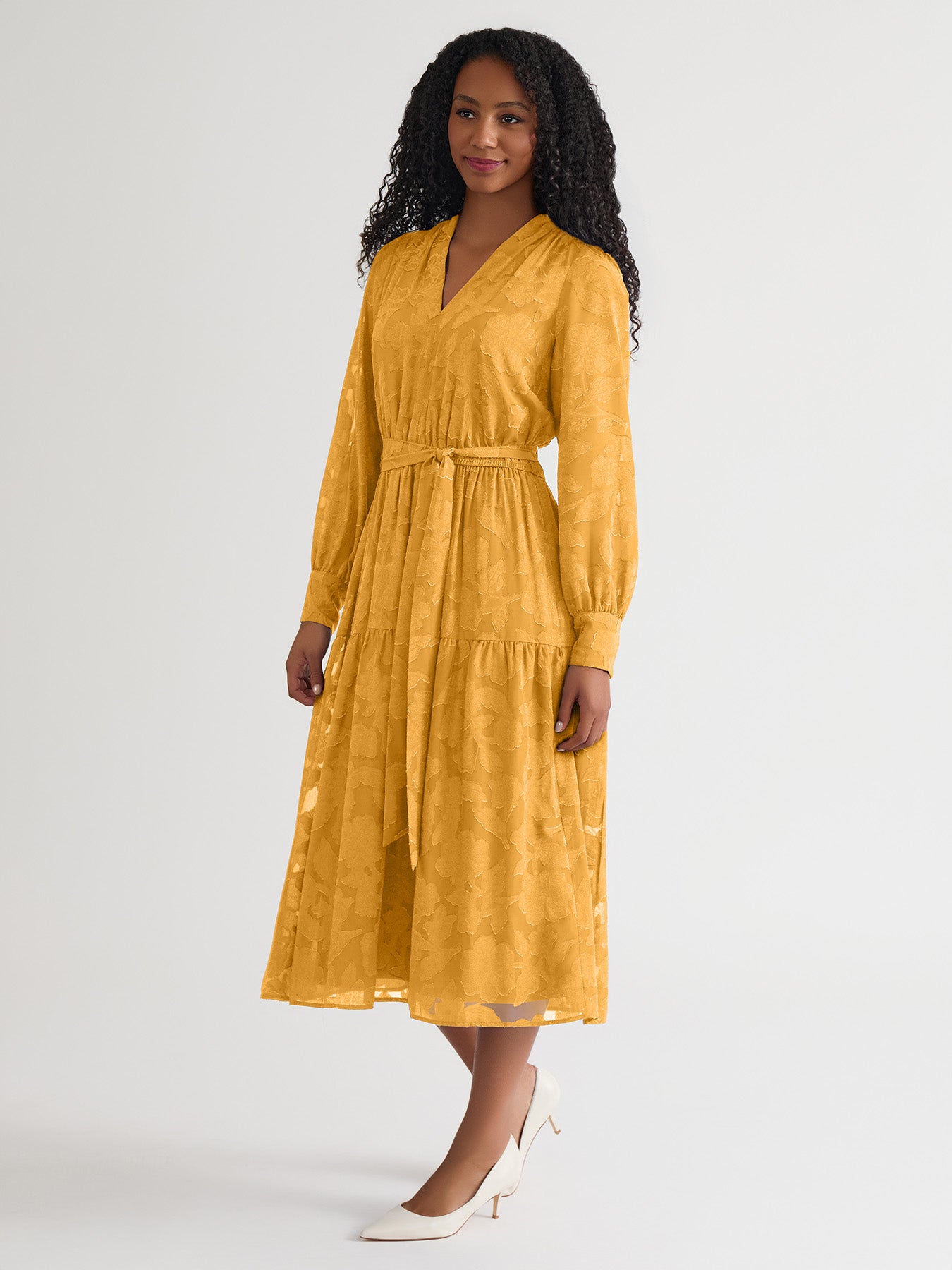 Kasper Women's Soft V-Neck Tiered Midi Dress - Gold