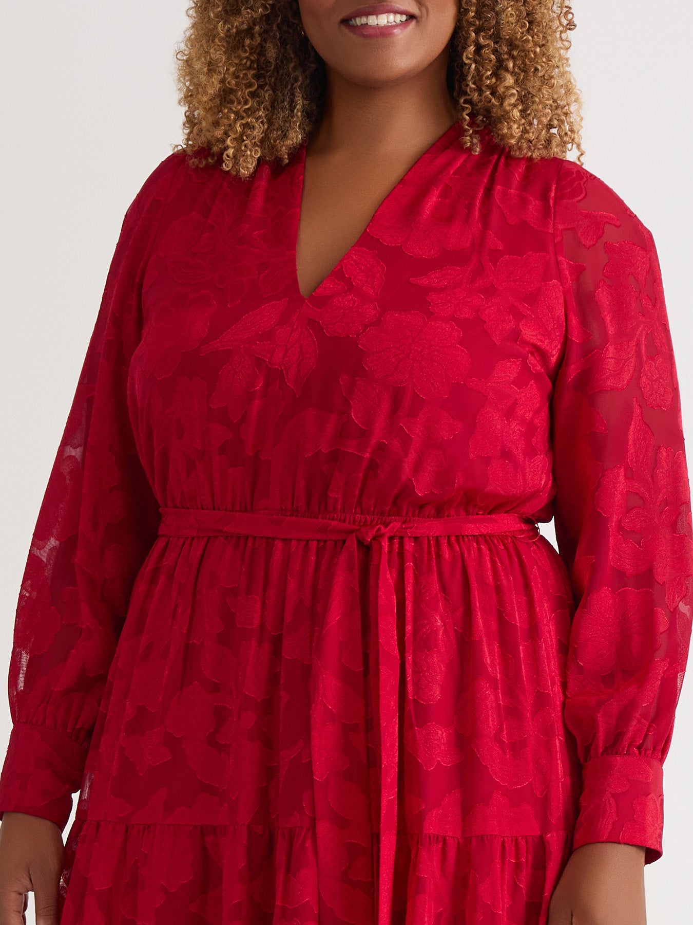 open lace back dress Kasper Women's Soft V-Neck Tiered Midi Dress - Crimson