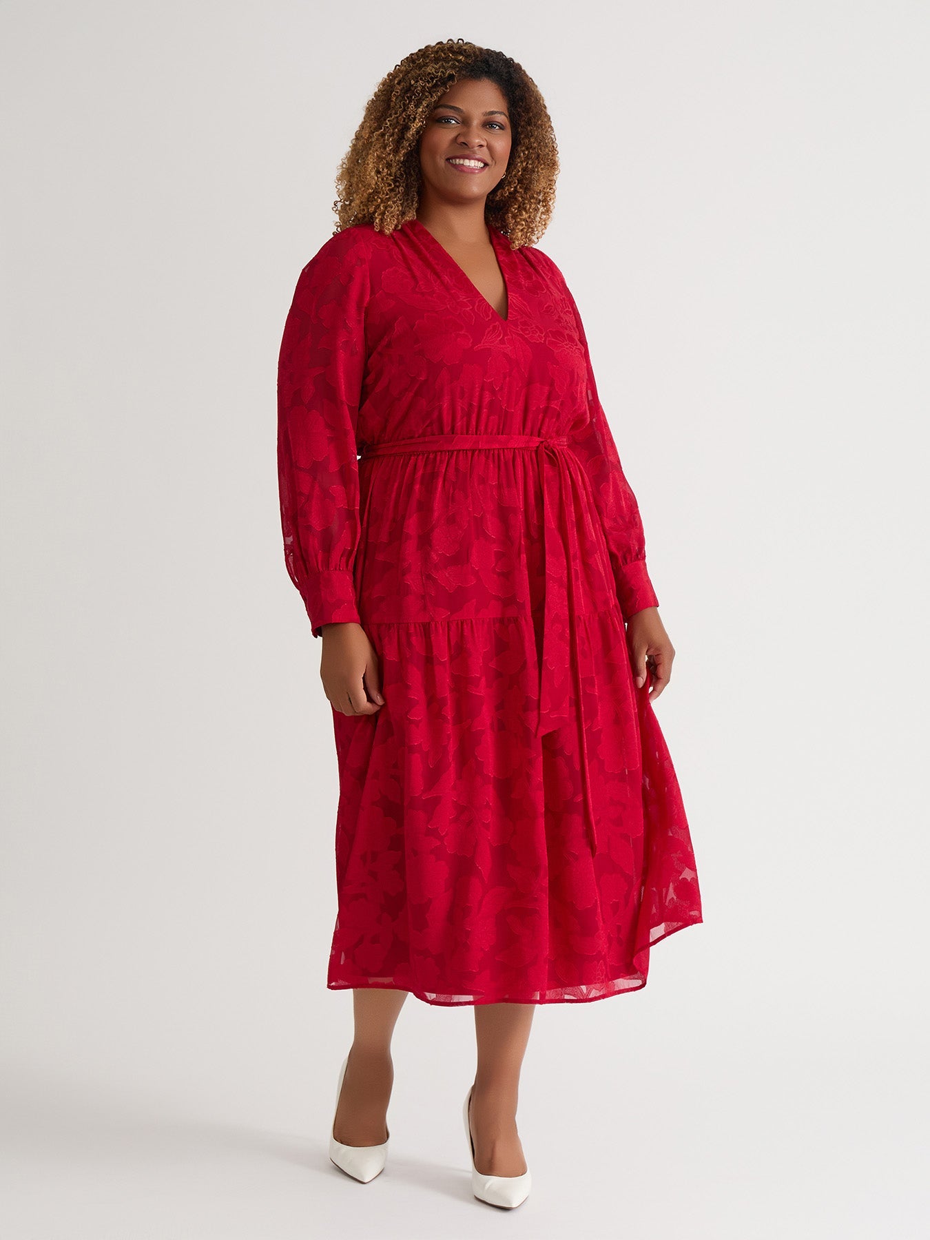 open lace back dress Kasper Women's Soft V-Neck Tiered Midi Dress - Crimson