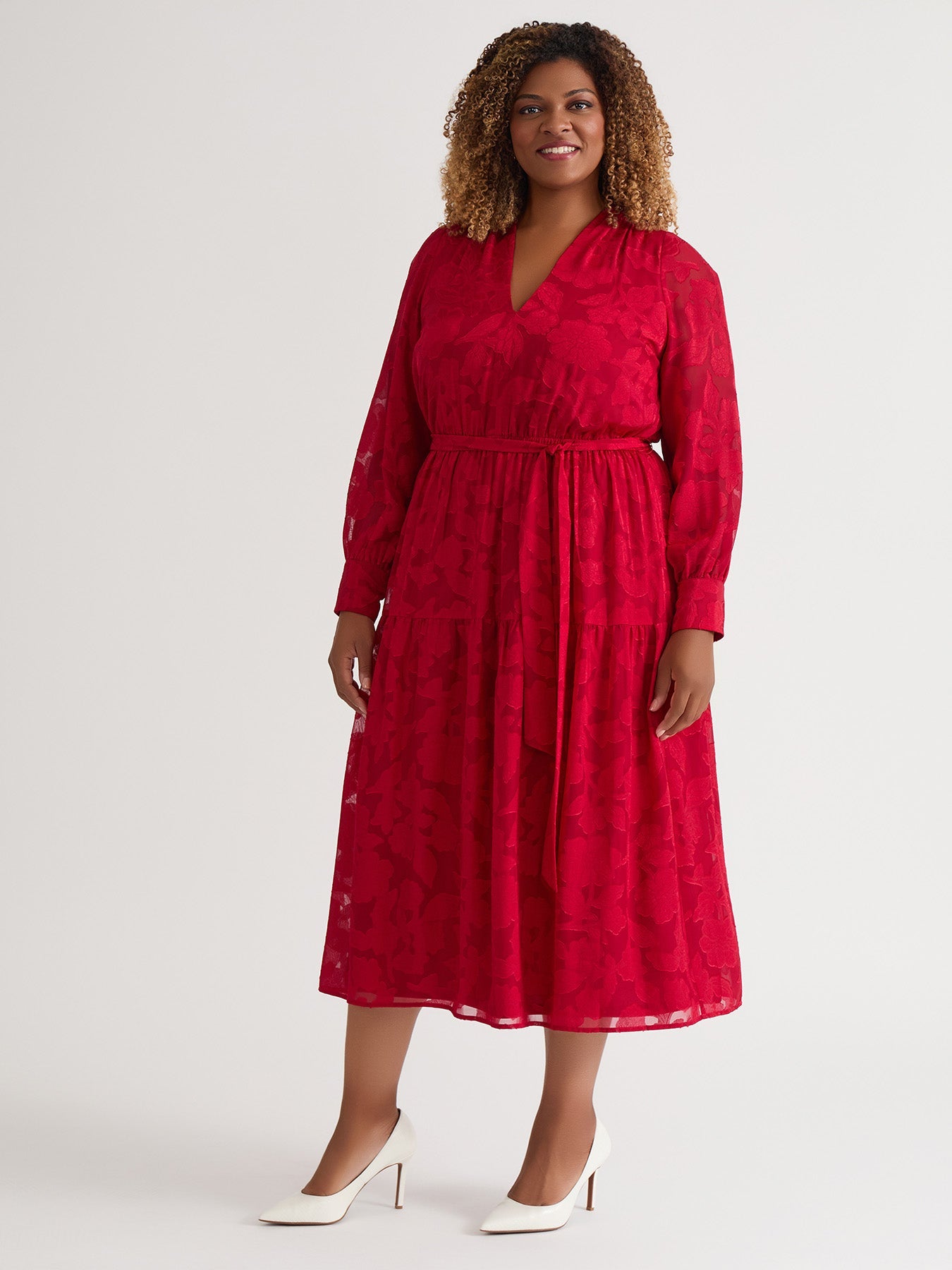 plus size red lace dress Kasper Women's Soft V-Neck Tiered Midi Dress - Crimson