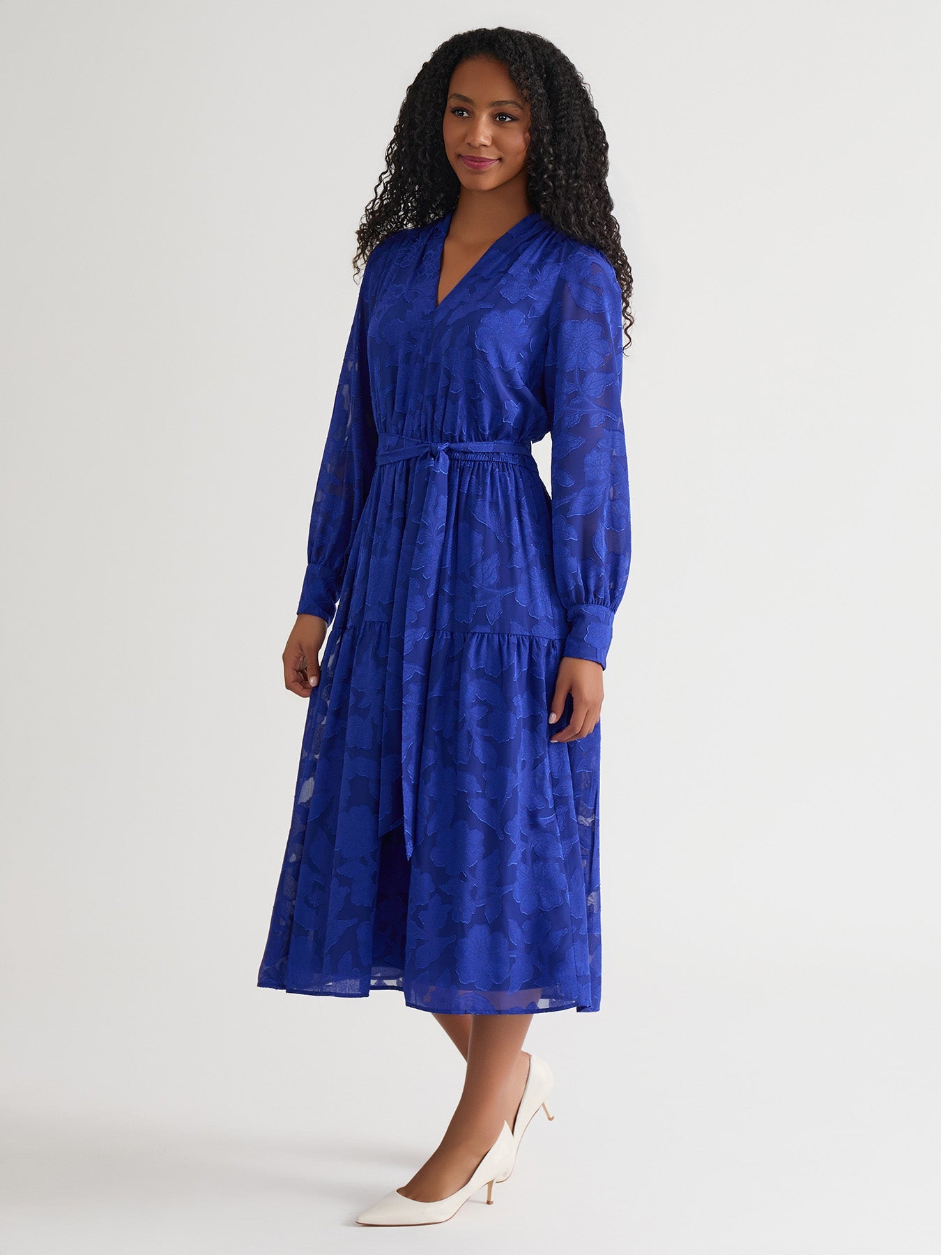 Kasper Women's Soft V-Neck Tiered Midi Dress - Royal