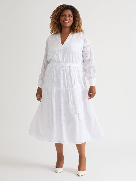 Plus Tiered Burnout Maxi Dress, White in White