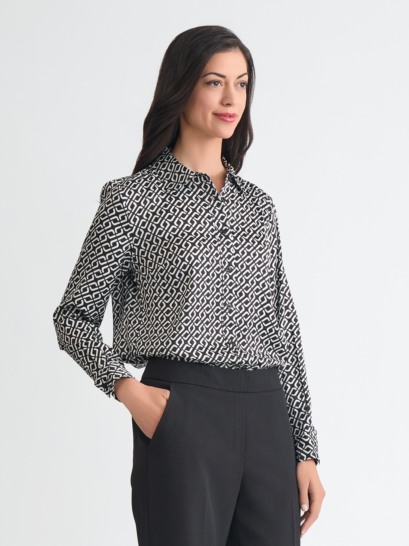 Button Front Blouse, Satin in Black/Vanilla Ice | Kasper