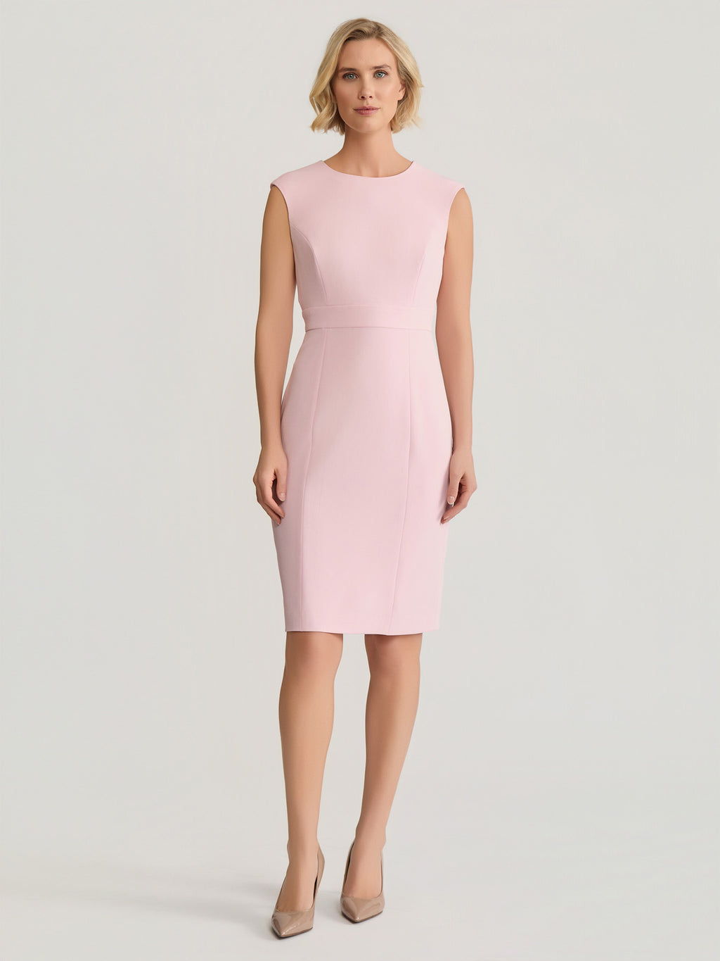 Jewel Neck Waistband Sheath Dress, Stretch Crepe in Tutu Pink | Kasper