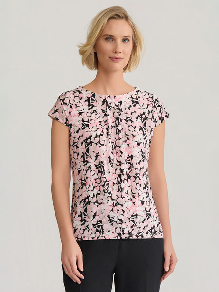 Pleat Neck Top, Everyday Knit in Black/Tutu Pink Floral Multi | Kasper