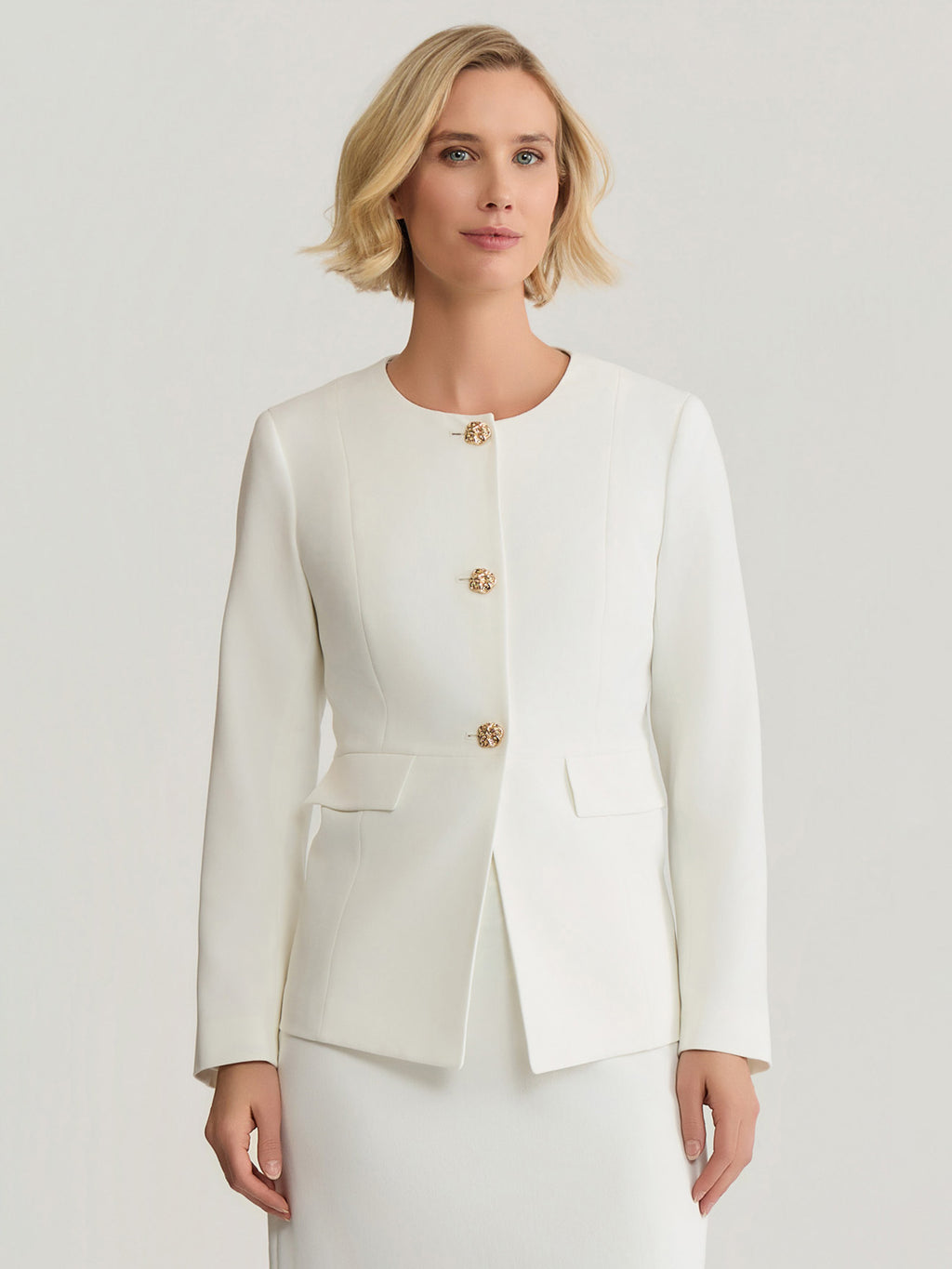 Peplum Jacket, Stretch Crepe in Vanilla Ice | Kasper