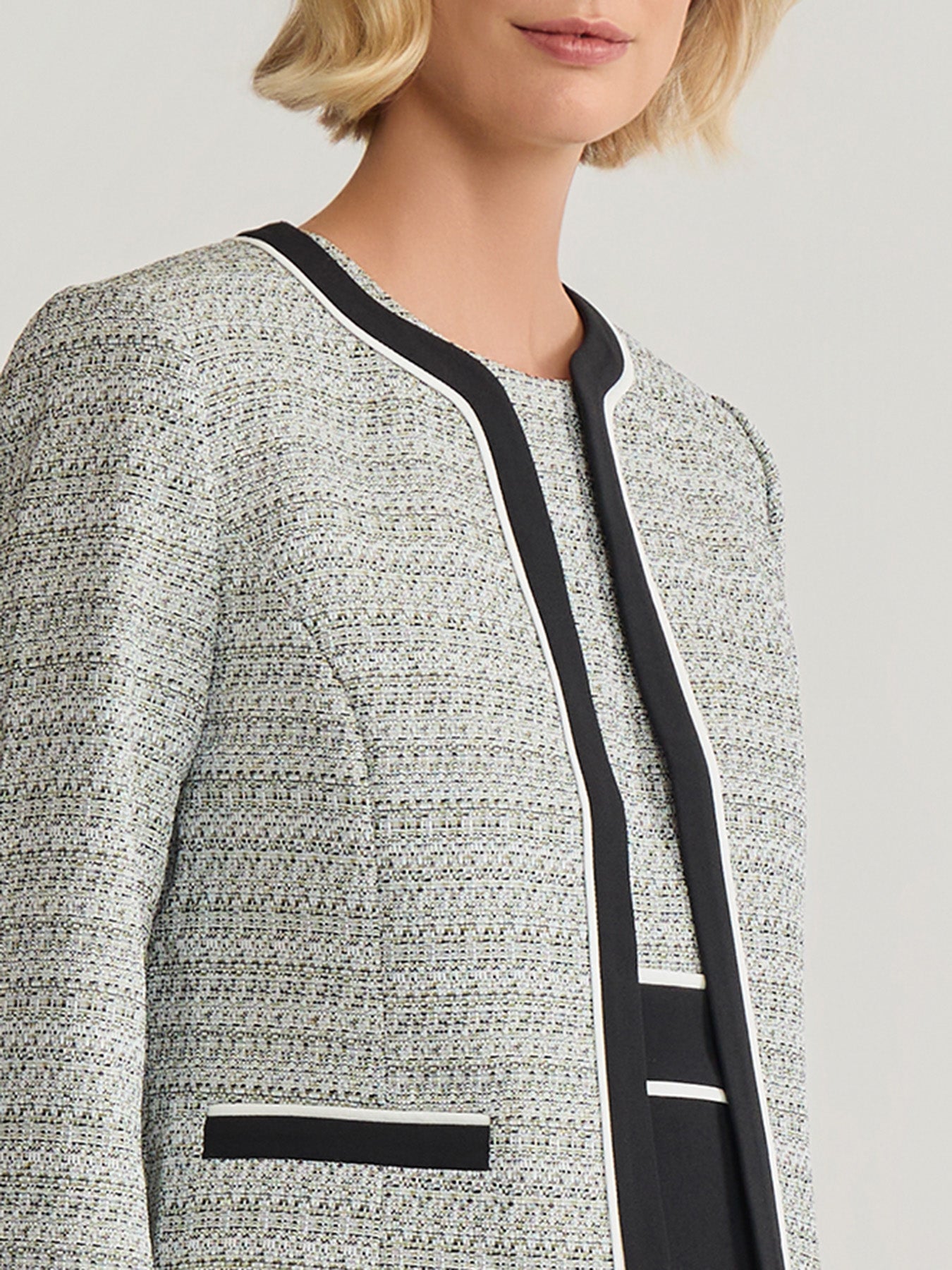 Open Front Contrast Trim Jacket, Tweed in Loden Dusk Multi | Kasper